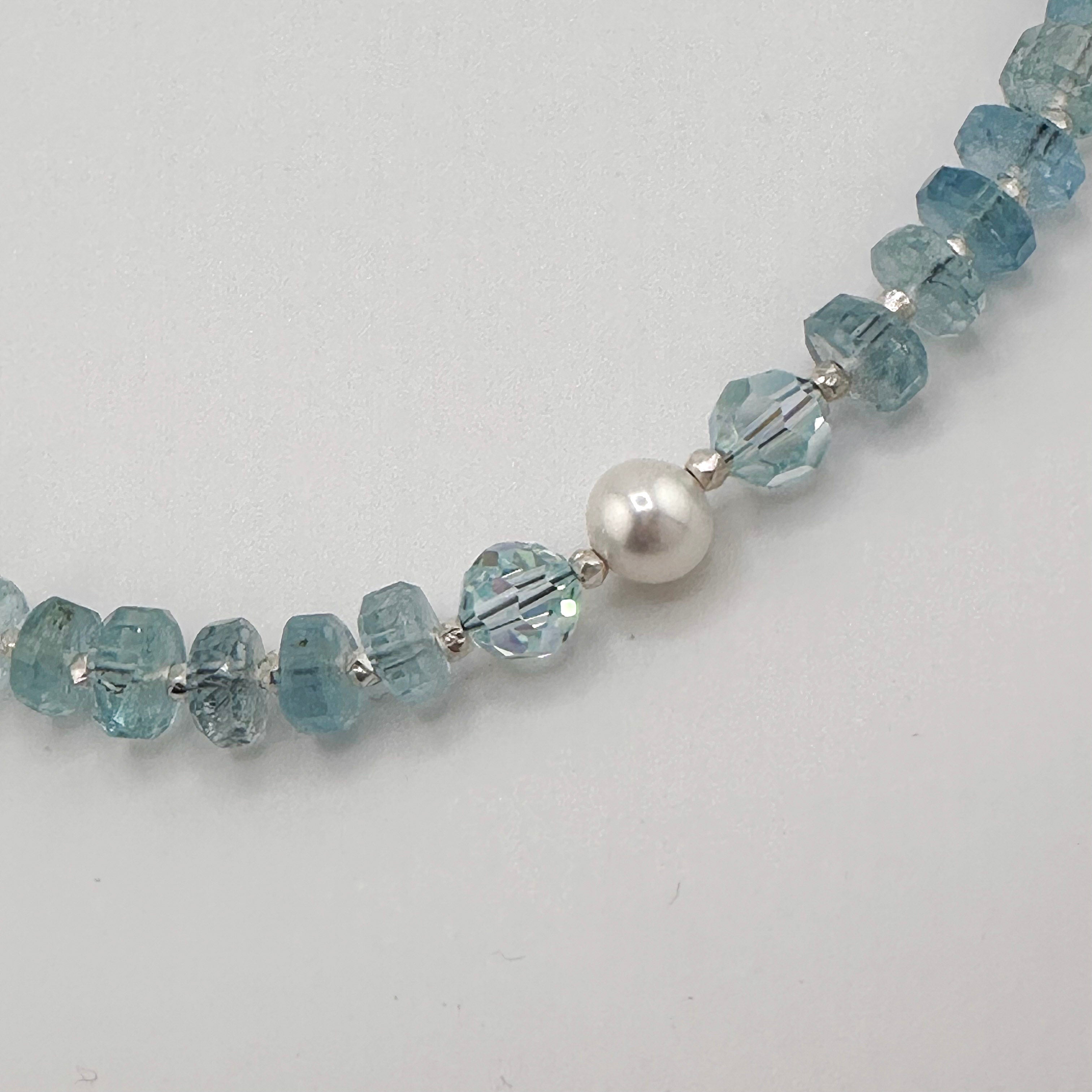 Aquamarine, Pearl, Swarovski Crystal, and Sterling Silver Necklace