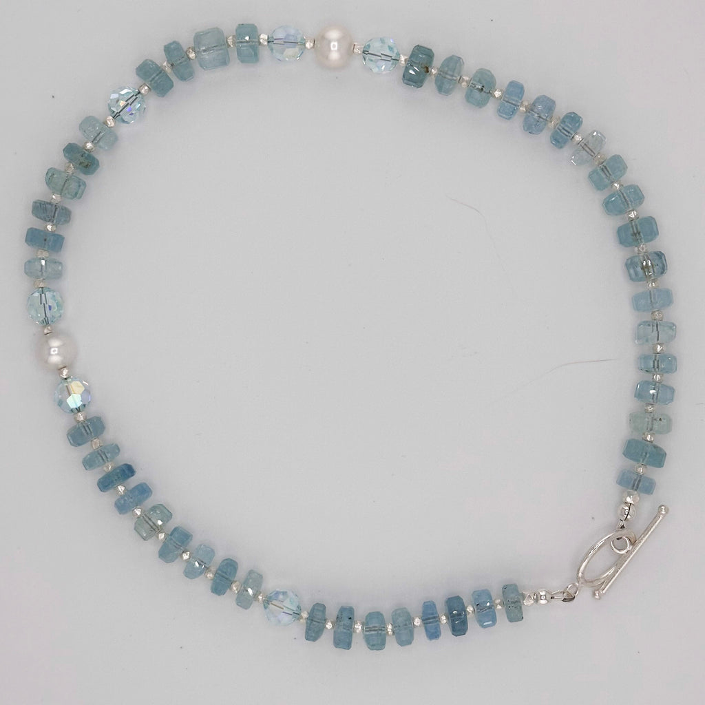 Aquamarine, Pearl, Swarovski Crystal, and Sterling Silver Necklace