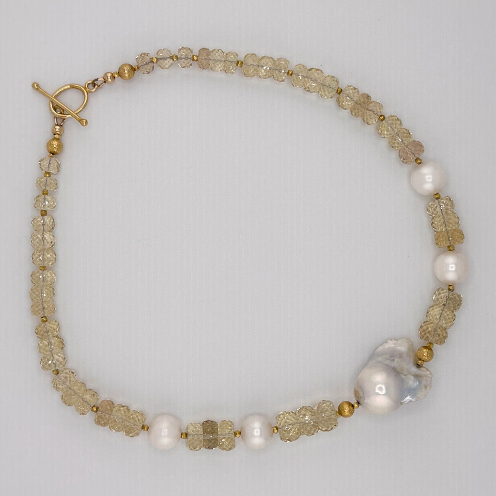 Sunstone (Oregon), Pearl, and 22K Gold Vermeil Necklace