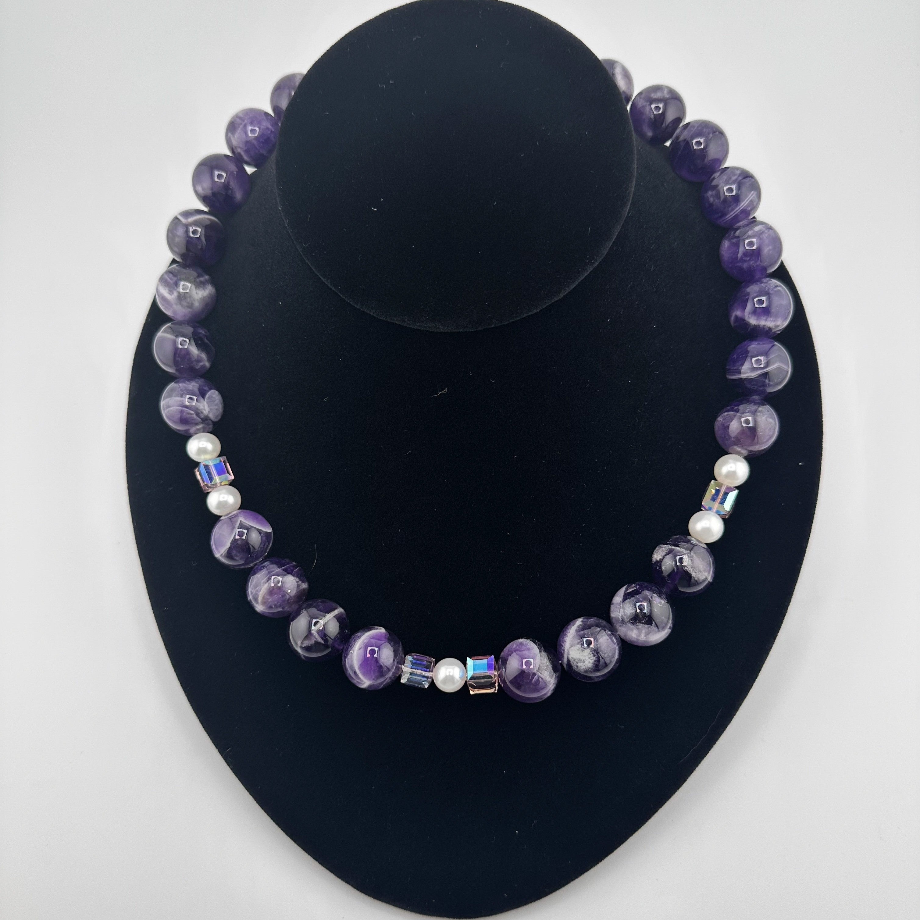 Amethyst (Chevron), Pearl, Swarovski Crystal, and Sterling Silver Necklace