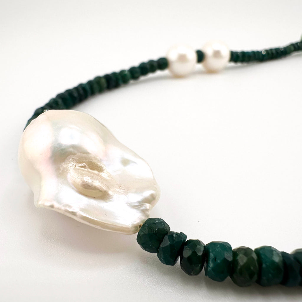 Emerald, Jade (Vintage), Pearl, and 22K Gold Vermeil Necklace