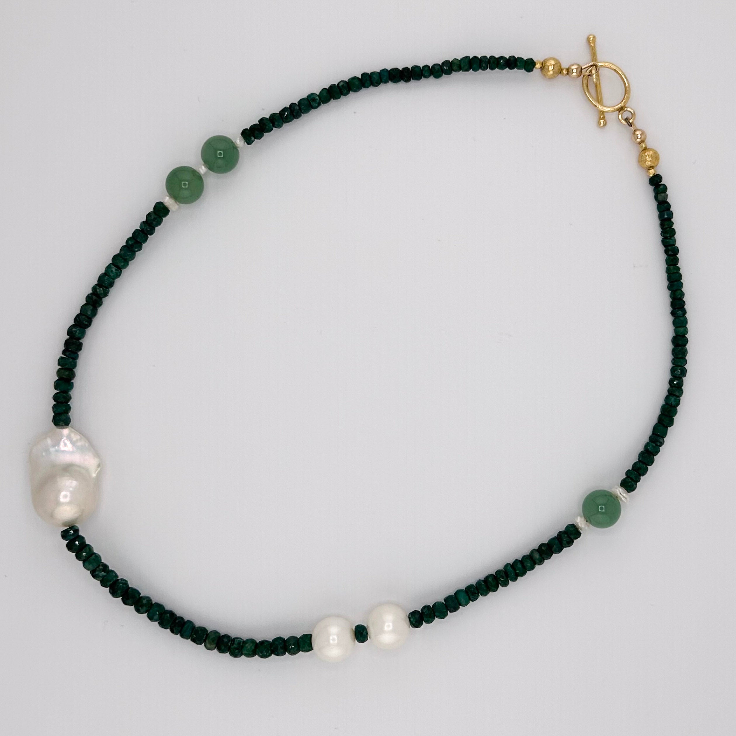 Emerald, Jade (Vintage), Pearl, and 22K Gold Vermeil Necklace