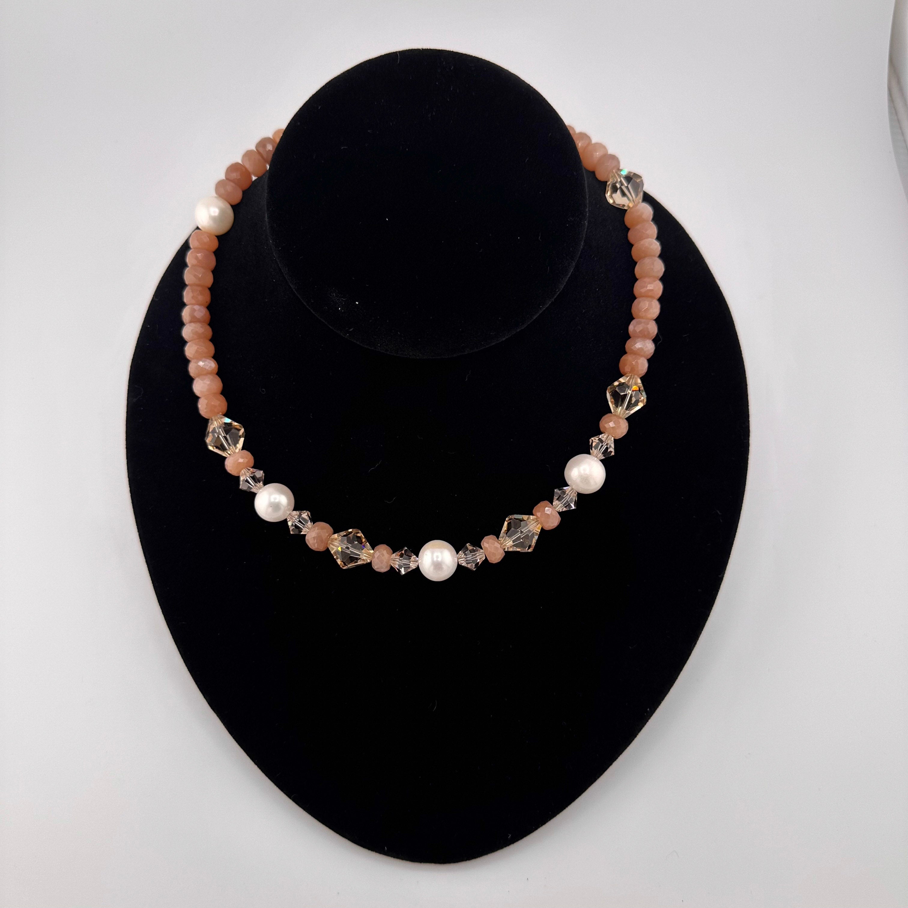Moonstone, Pearl, Swarovski Crystal, and 22K Gold Vermeil Necklace