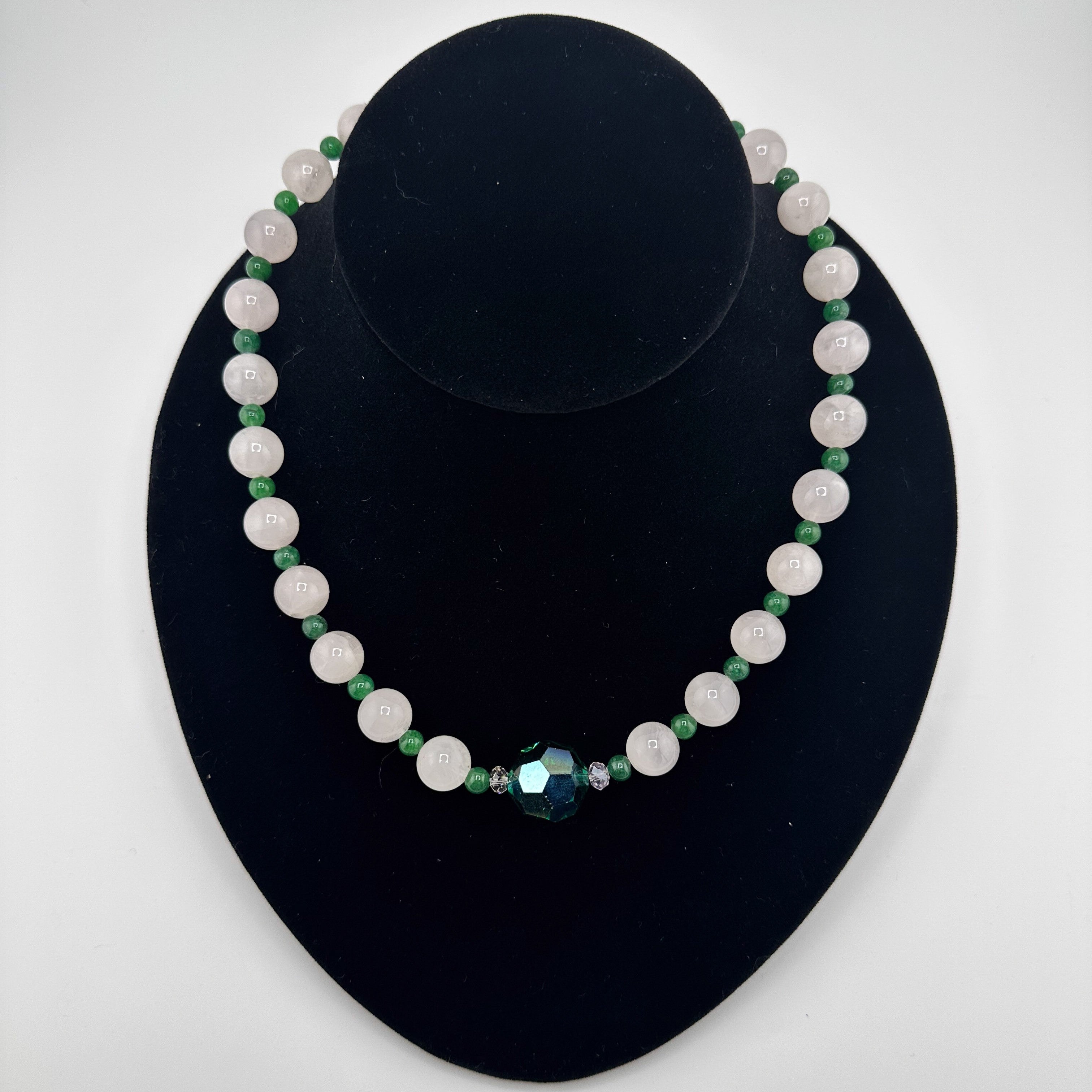 Emerald, Rose Quartz, Swarovski Crystal, and Sterling Silver Necklace