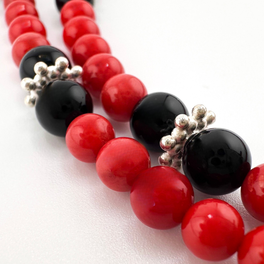 Coral (Mediterranean), Onyx, and Sterling Silver King Snake Necklace