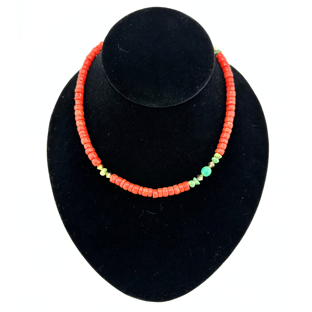 Coral (Mediterranean), Turquoise (Fox / Lone Mountain), Swarovski Crystal, and 14K Gold Fill Necklace