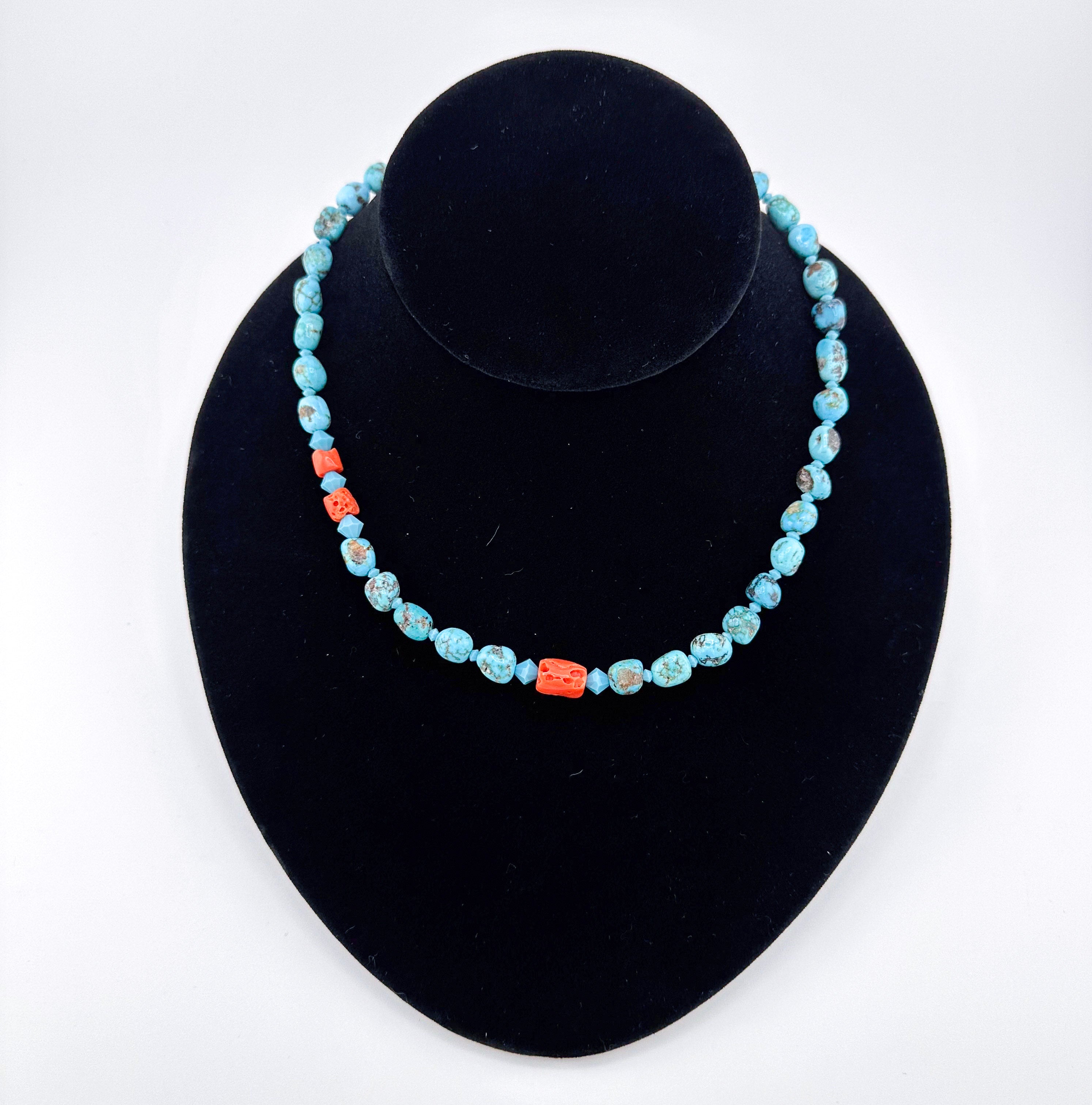 Turquoise (Blue Ridge), Coral (Mediterranean), Swarovski Crystal, and Sterling Silver Necklace