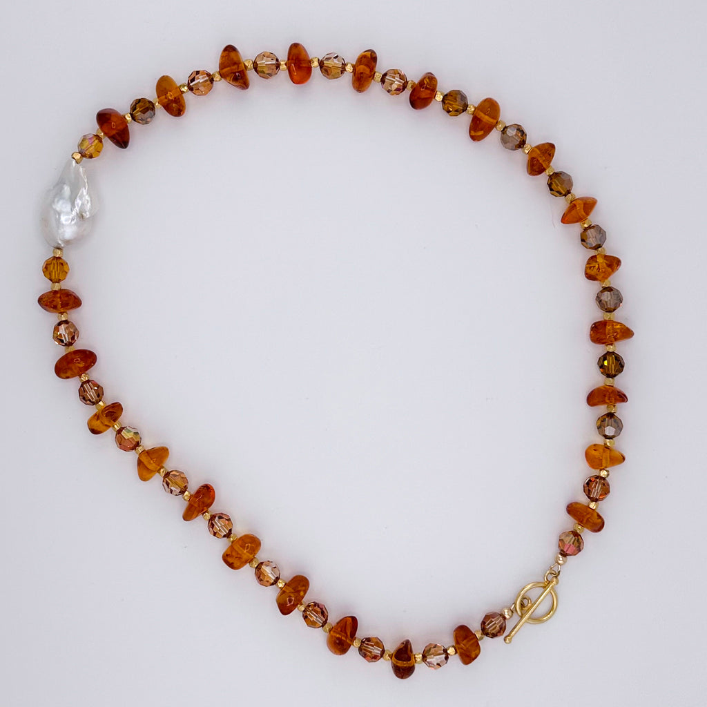 Amber (Baltic), Baroque Pearl, Swarovski Crystal, and 22K Gold Vermeil Necklace