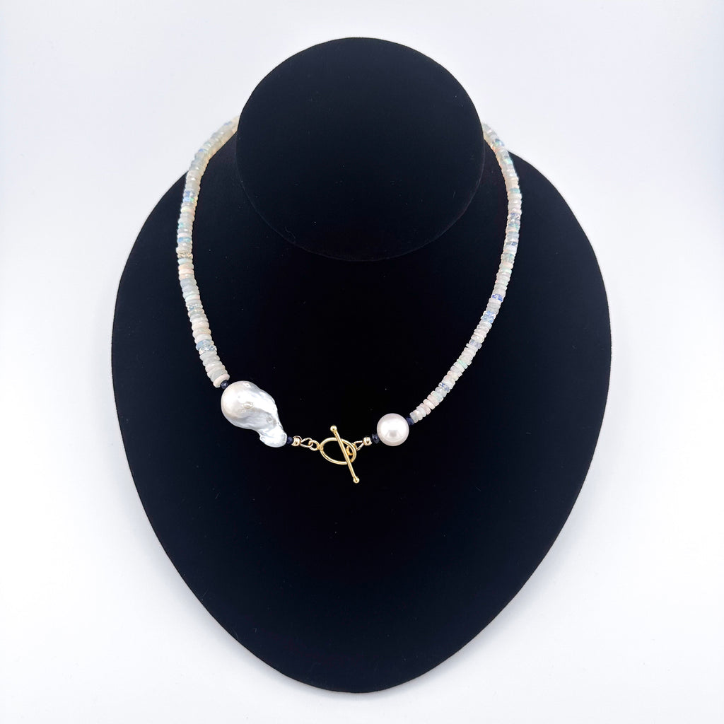 Opal (Ethiopian), Pearl (Baroque and Round), Sapphire (AAA), and 22K Gold Vermeil Necklace