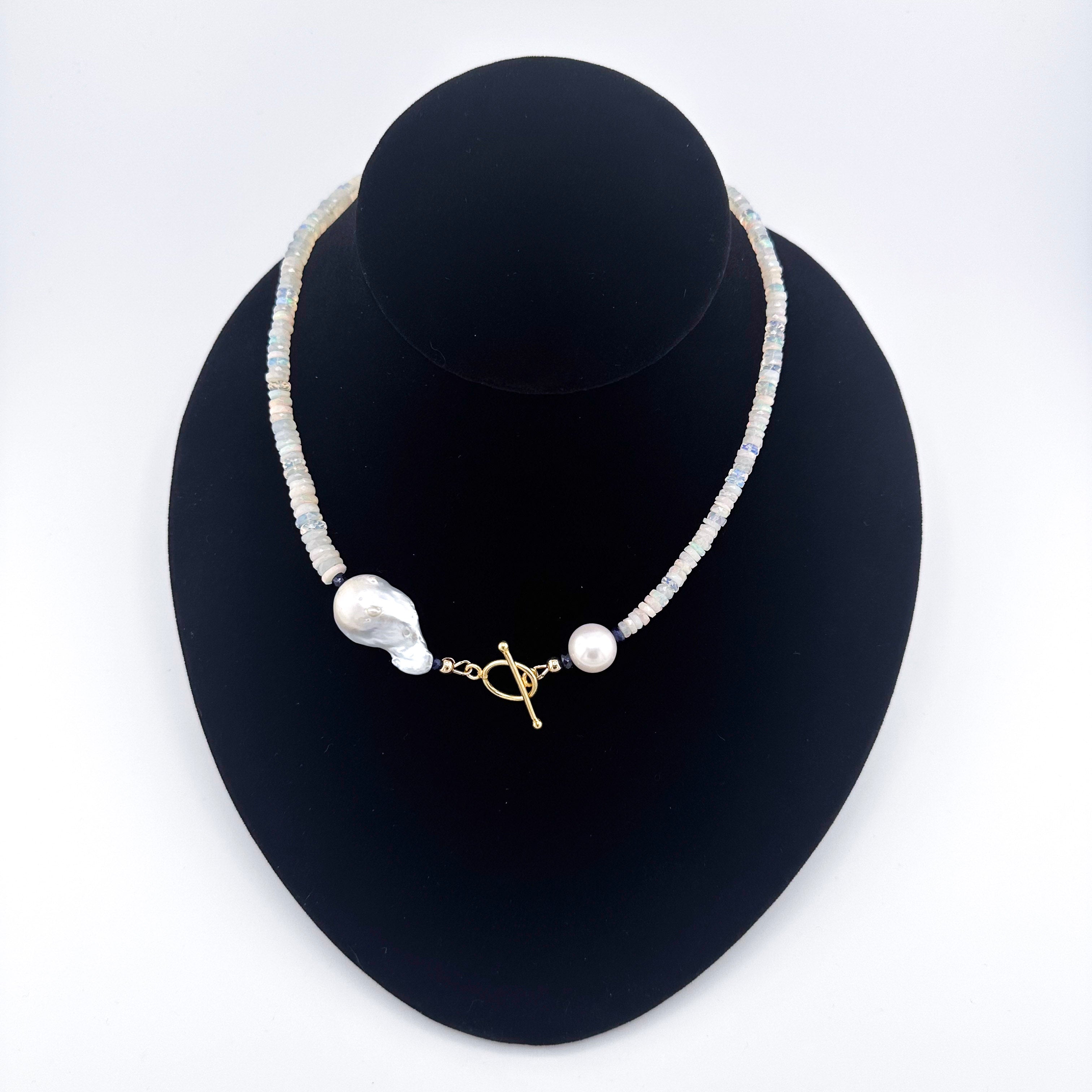 Opal (Ethiopian), Pearl (Baroque and Round), Sapphire (AAA), and 22K Gold Vermeil Necklace