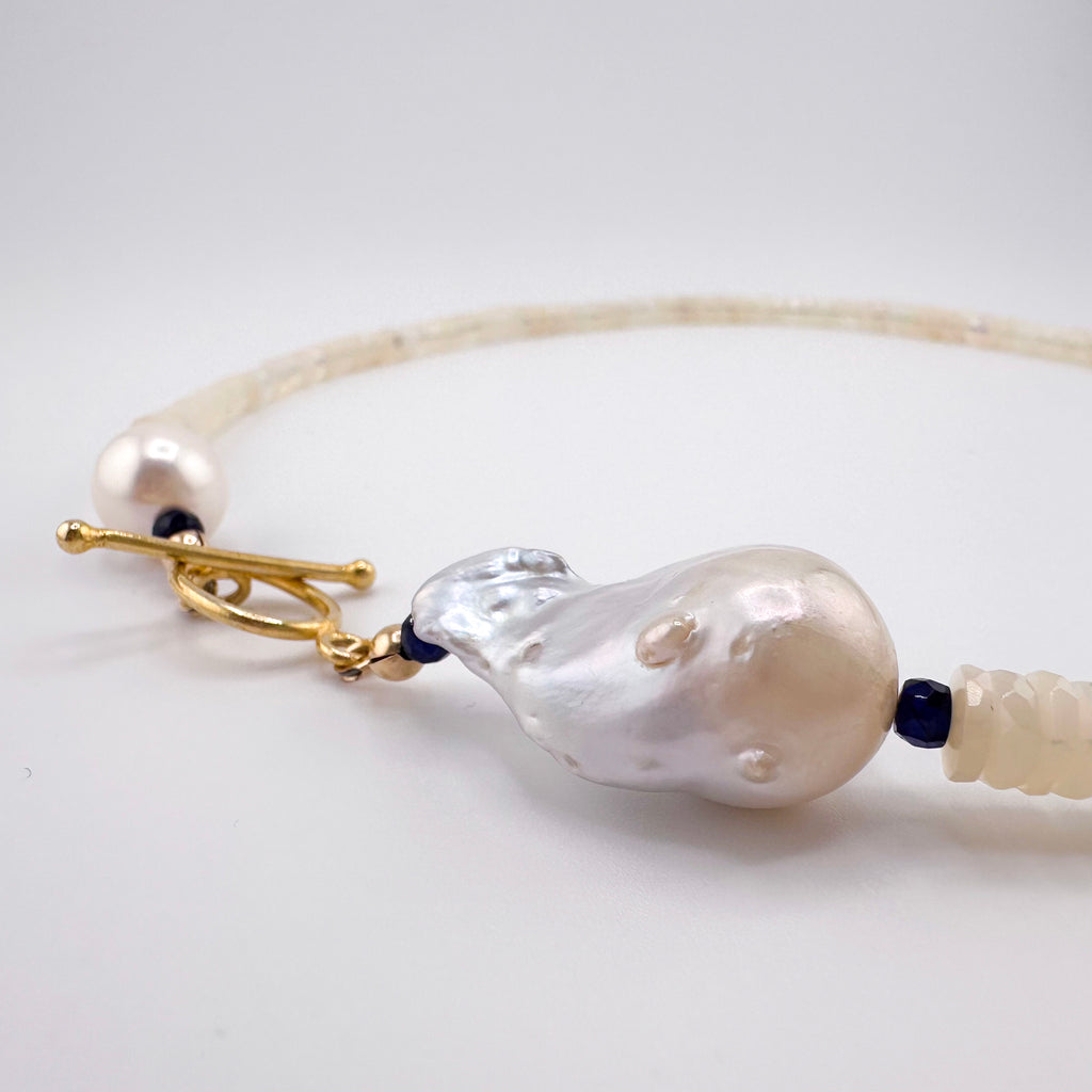 Opal (Ethiopian), Pearl (Baroque and Round), Sapphire (AAA), and 22K Gold Vermeil Necklace