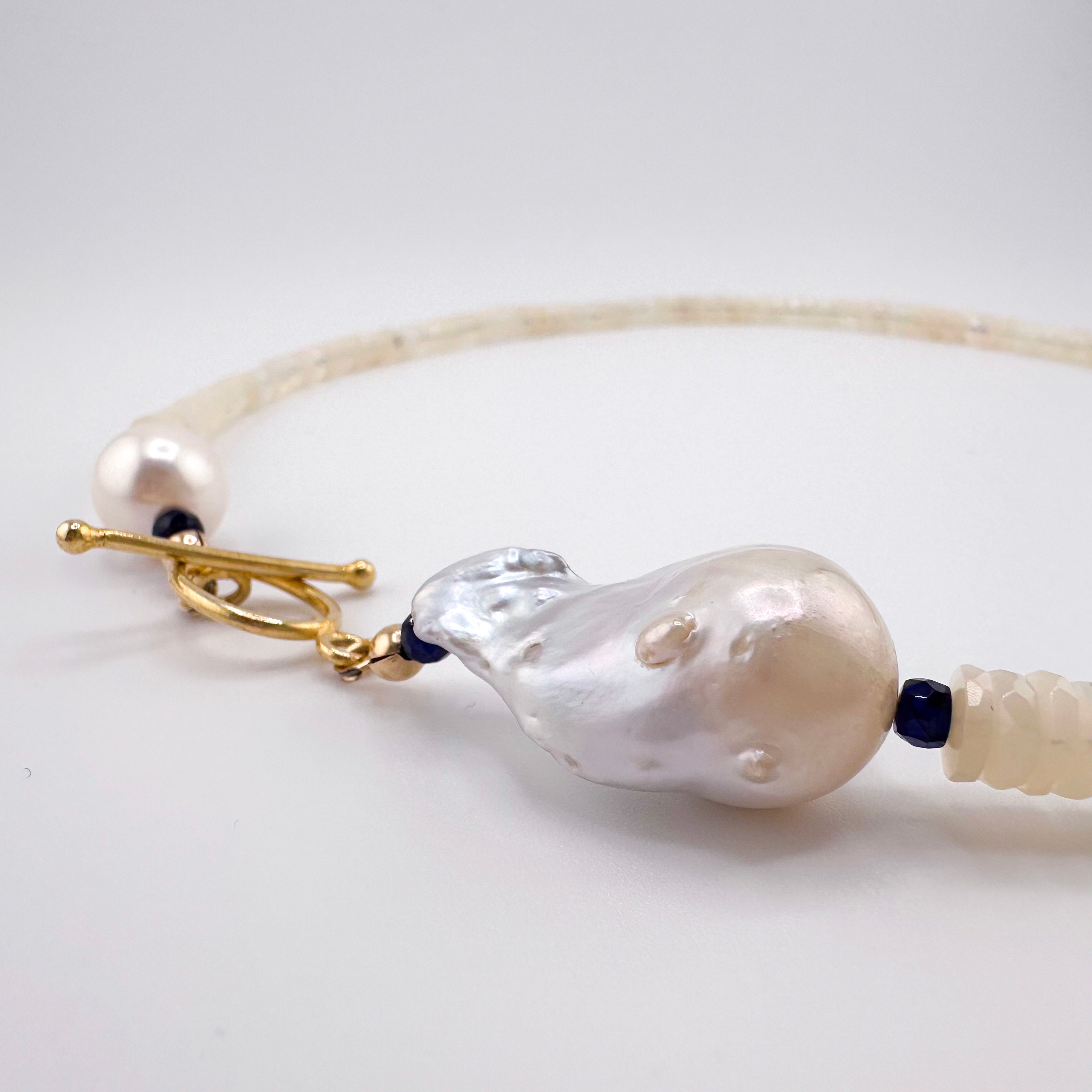 Opal (Ethiopian), Pearl (Baroque and Round), Sapphire (AAA), and 22K Gold Vermeil Necklace