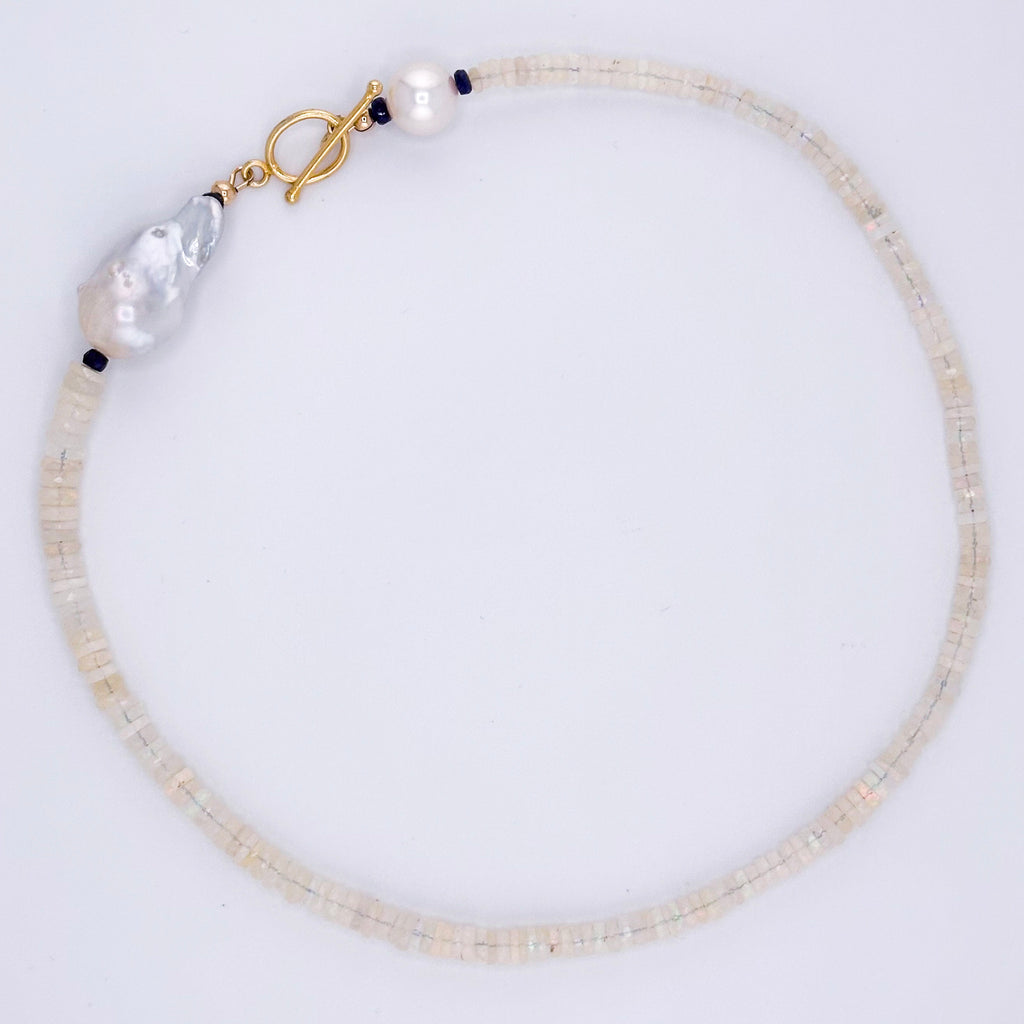 Opal (Ethiopian), Pearl (Baroque and Round), Sapphire (AAA), and 22K Gold Vermeil Necklace