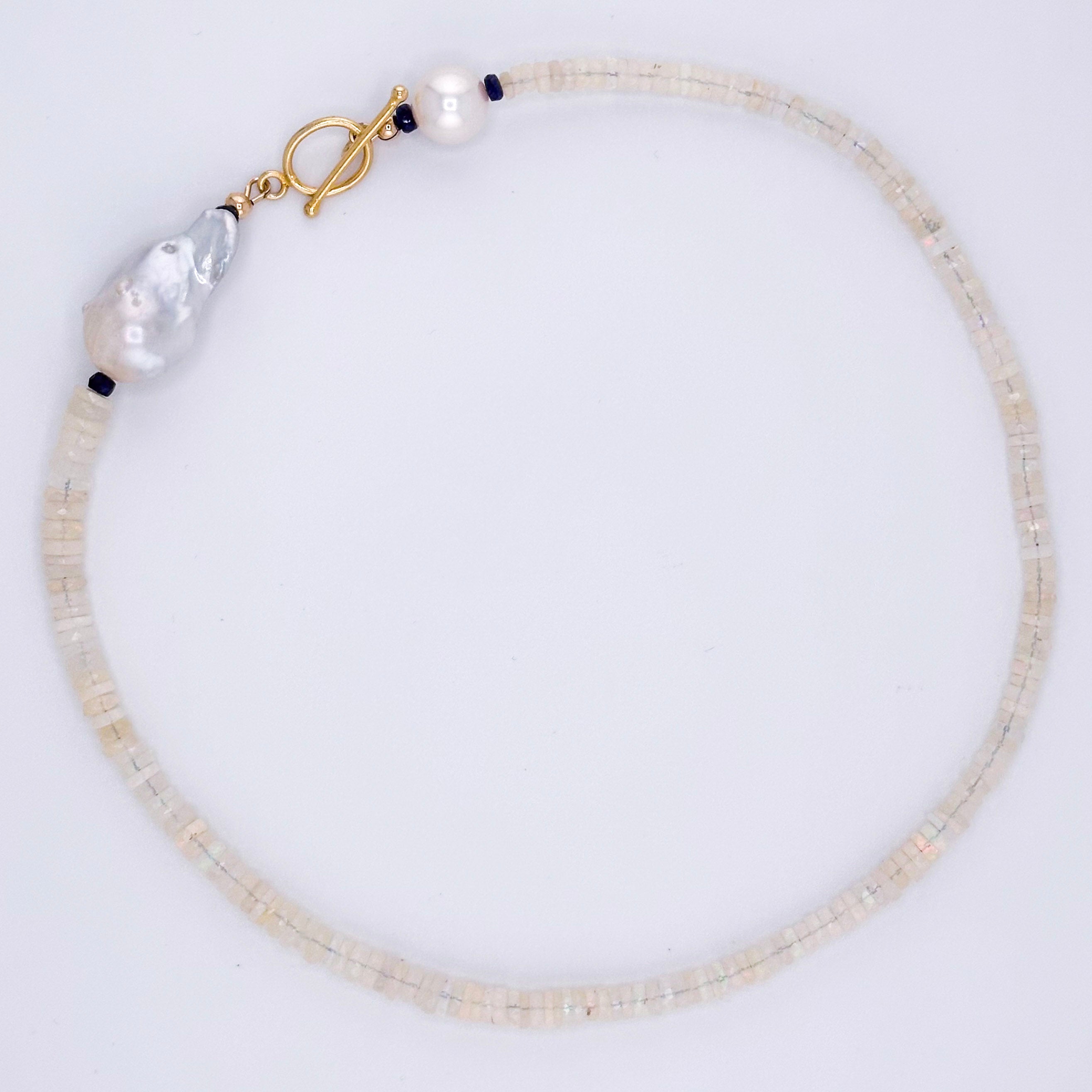 Opal (Ethiopian), Pearl (Baroque and Round), Sapphire (AAA), and 22K Gold Vermeil Necklace