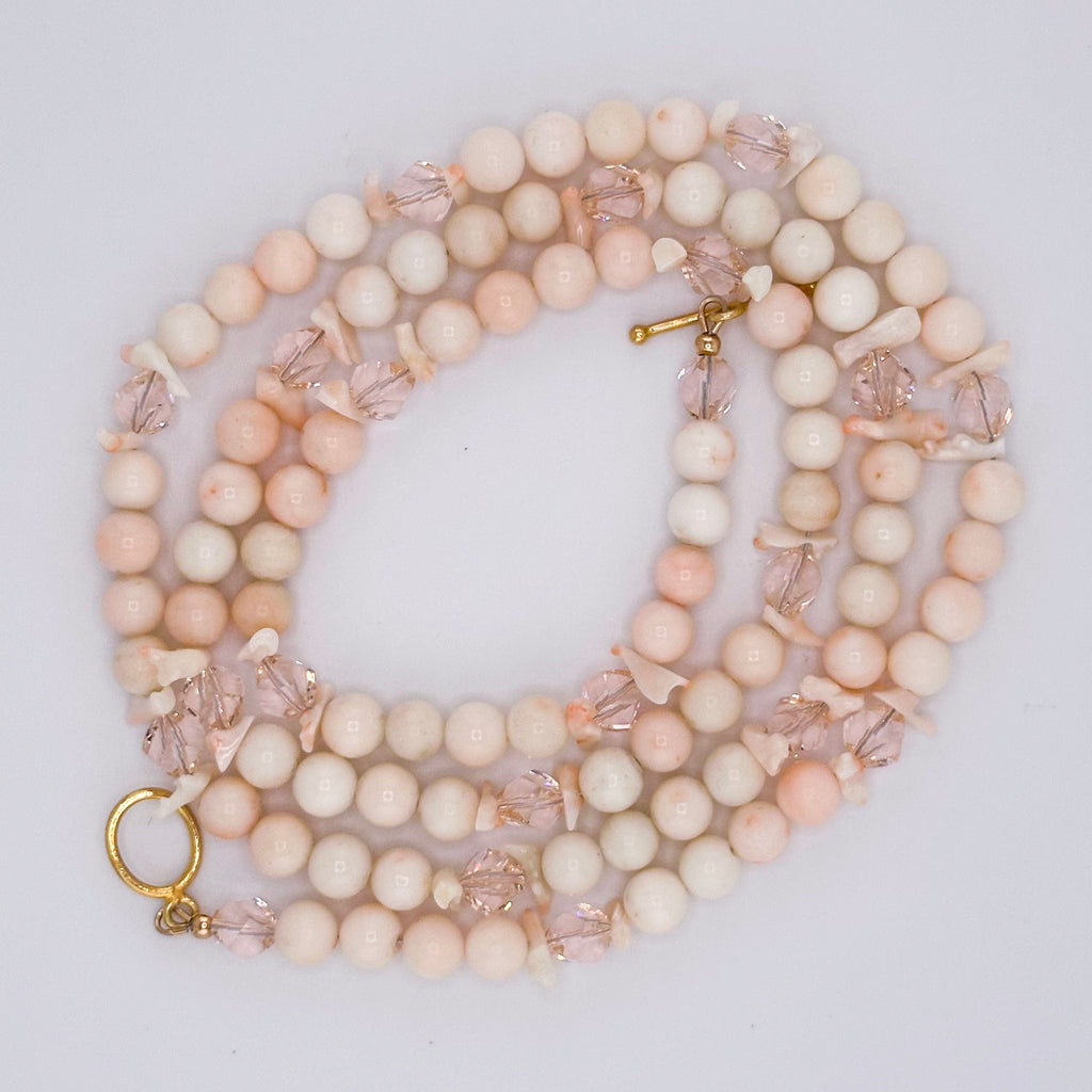 Antique (1920s) Angel Skin Coral, Swarovski Crystal, and 22K Gold Vermeil Necklace