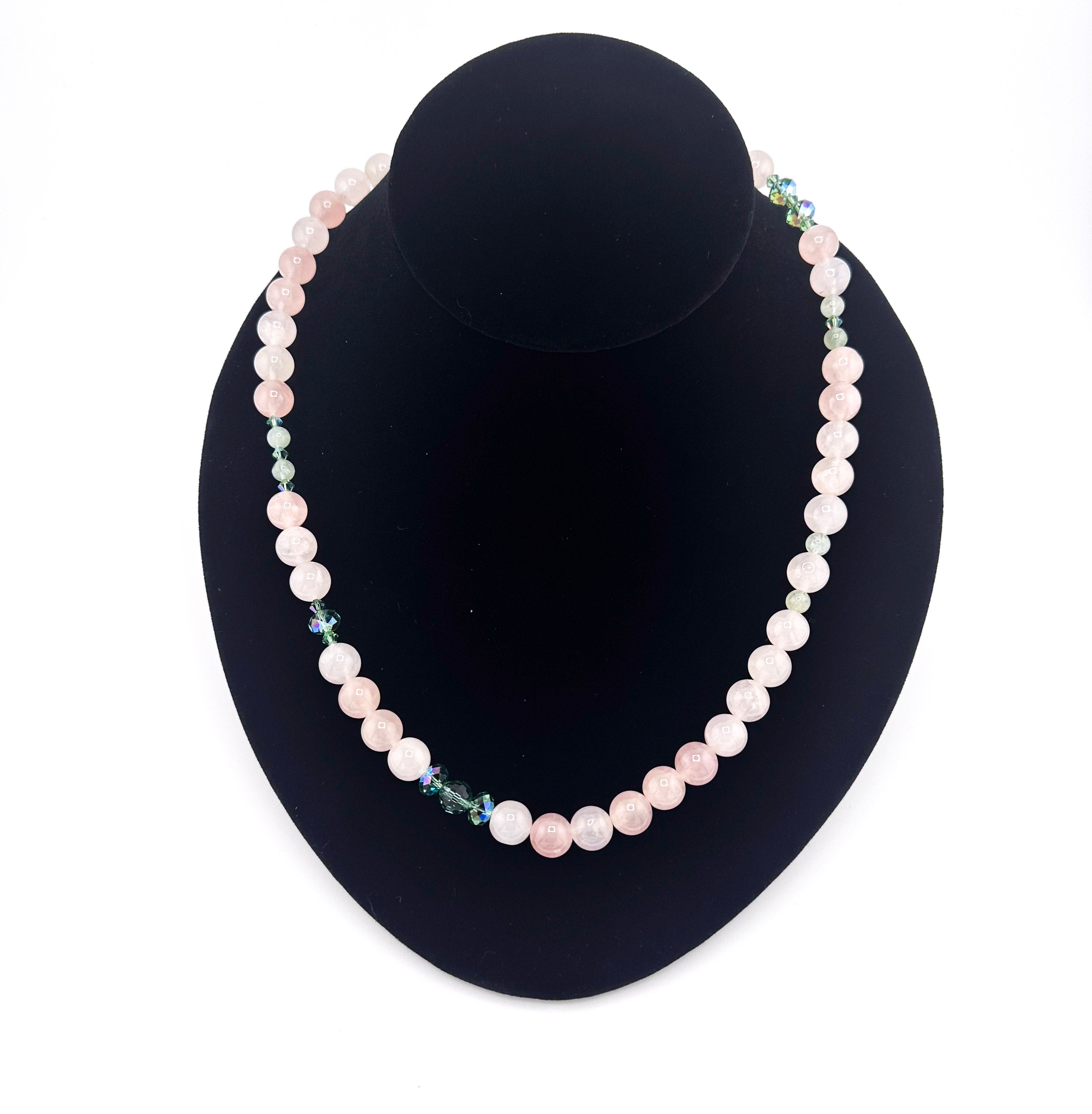 Vintage Rose Quartz, Aquamarine, Swarovski Crystal, and Sterling Silver Necklace