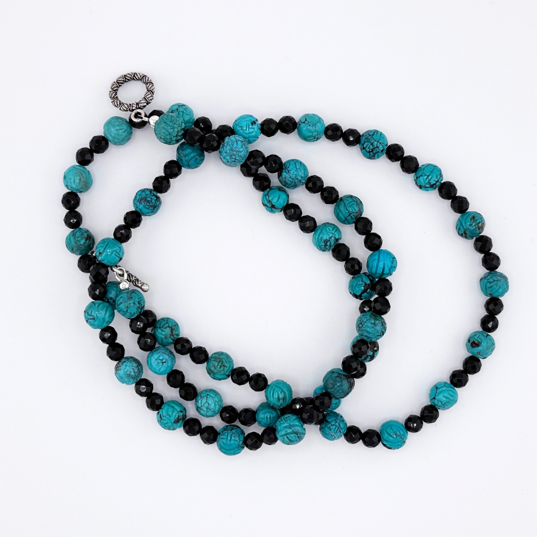 Turquoise (Hubei), Onyx, and Sterling Silver Necklace