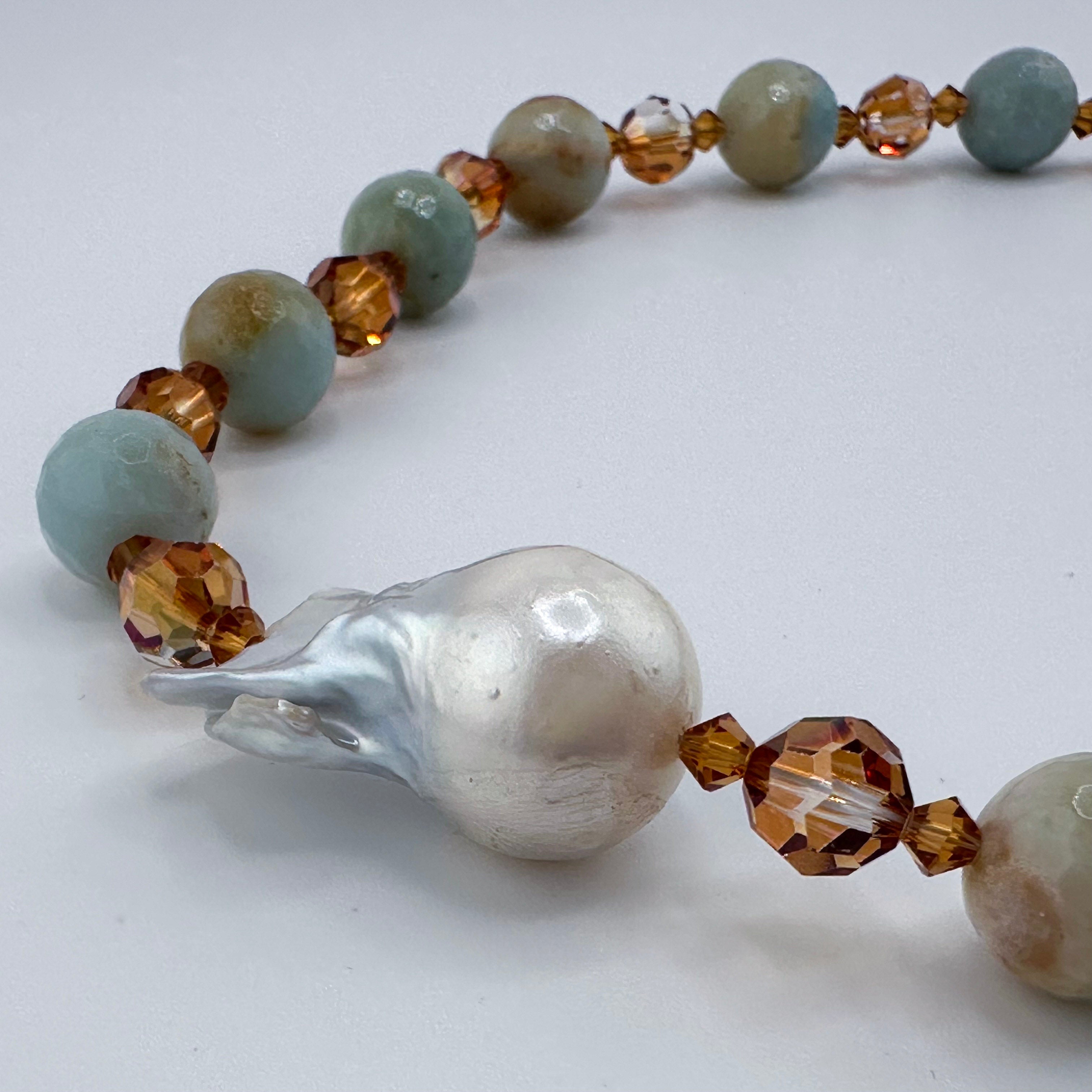 Amazonite, Baroque Pearl, Swarovski Crystal, and 22K Gold Vermeil Necklace