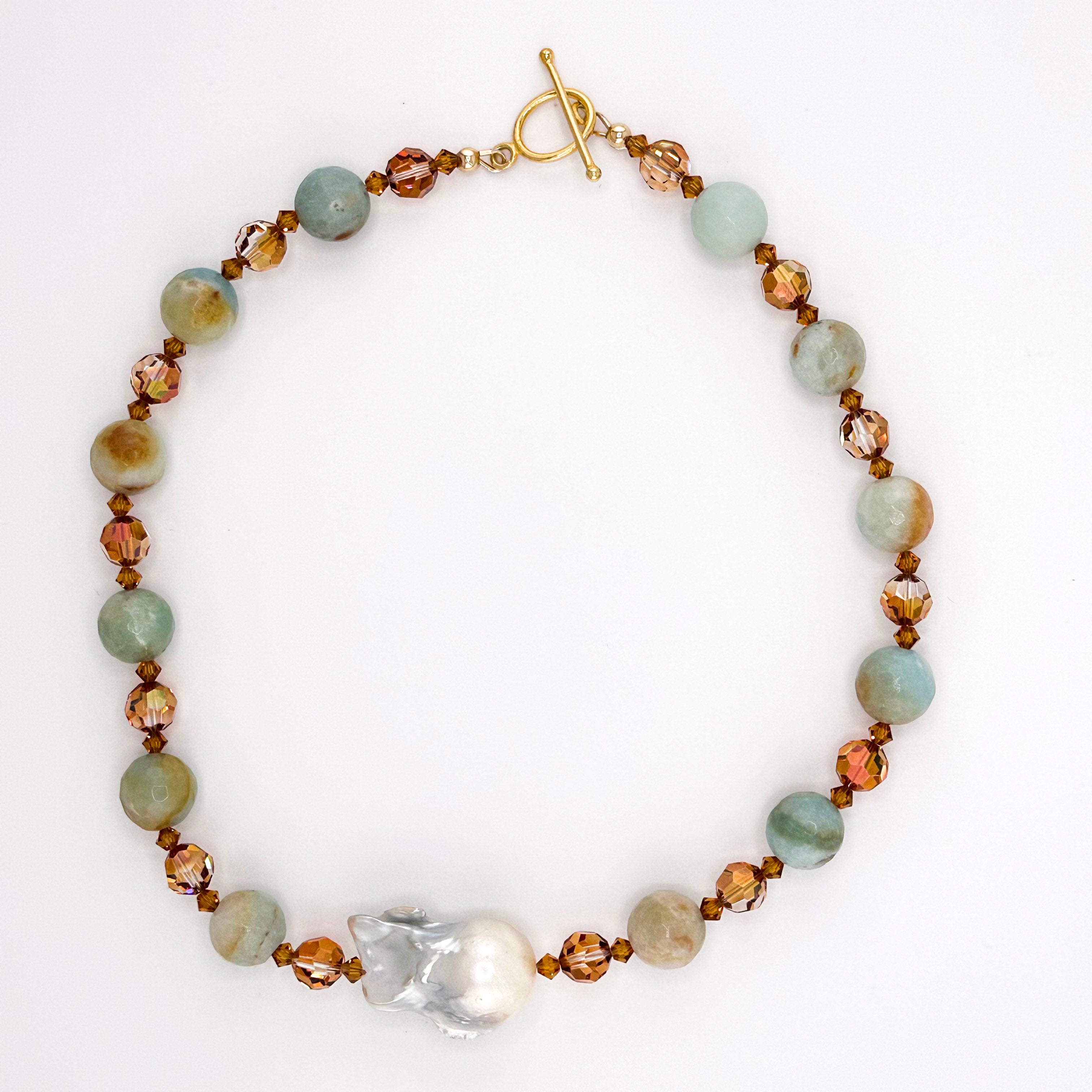 Amazonite, Baroque Pearl, Swarovski Crystal, and 22K Gold Vermeil Necklace