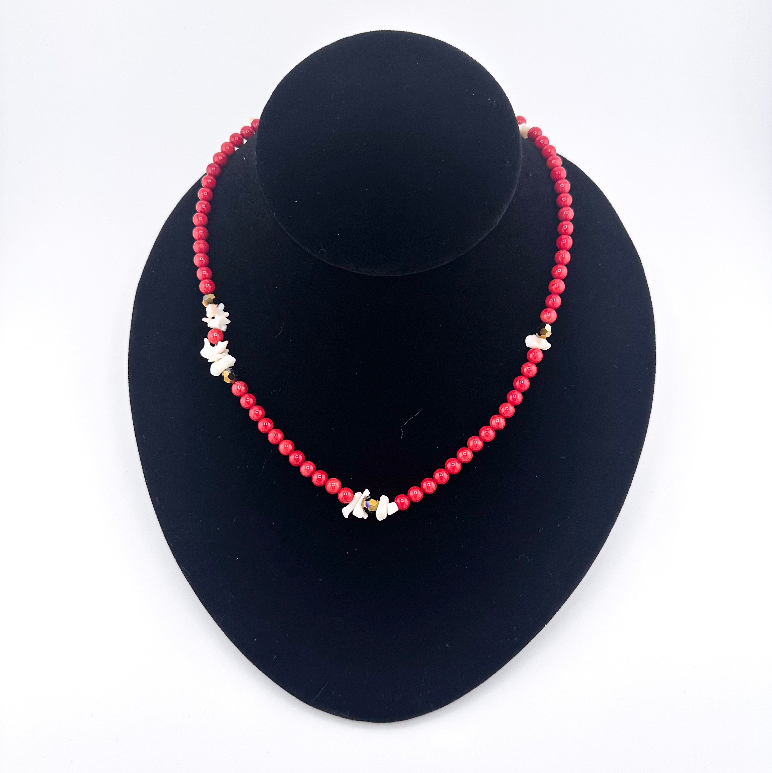 Vintage Angel Skin Coral, Coral, Swarovski Crystal, and 22K Gold Vermeil Necklace