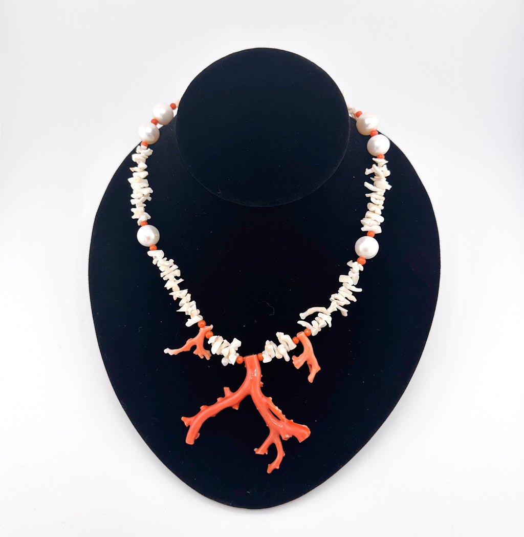 Vintage Angel Skin Coral, Antique (1900s) Coral, Pearl, and 22K Gold Vermeil Necklace