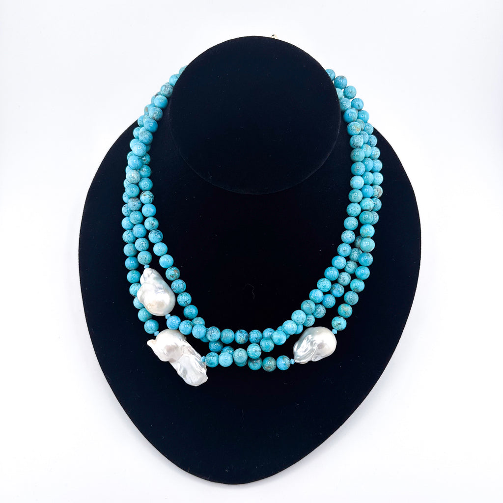Turquoise (Arizona), Baroque Pearl, Swarovski Crystal, and 22K Gold Vermeil Triple-Strand Necklace