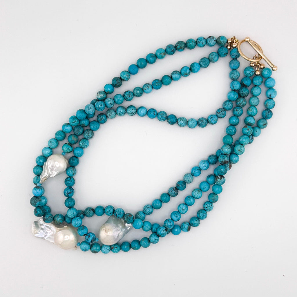 Turquoise (Arizona), Baroque Pearl, Swarovski Crystal, and 22K Gold Vermeil Triple-Strand Necklace