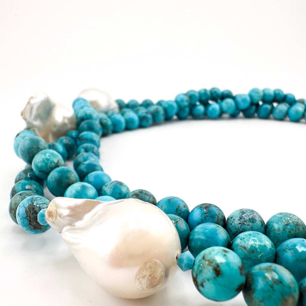 Turquoise (Arizona), Baroque Pearl, Swarovski Crystal, and 22K Gold Vermeil Triple-Strand Necklace