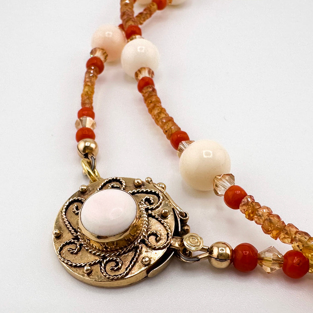 Antique (1920s) Angel Skin Coral, Sapphire (Yellow), Vintage Coral, Swarovski Crystal, and Vintage (1950) 14K Gold and Angel Skin Coral Clasp Necklace