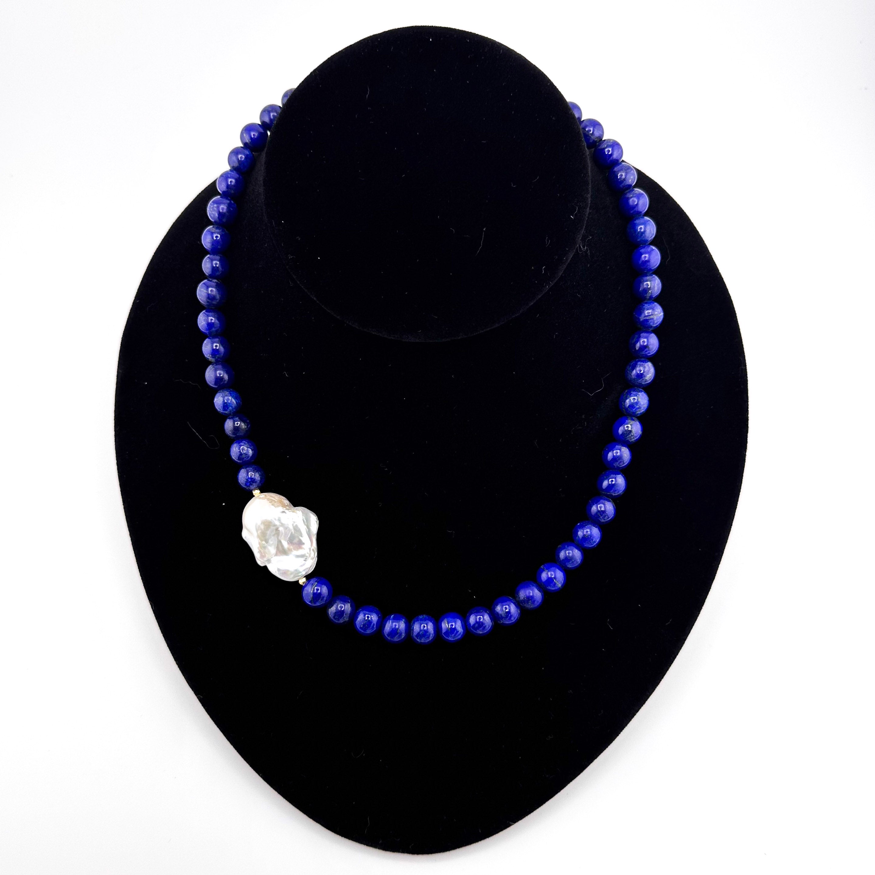 Lapis, Baroque Pearl, and 22K Gold 18" Necklace