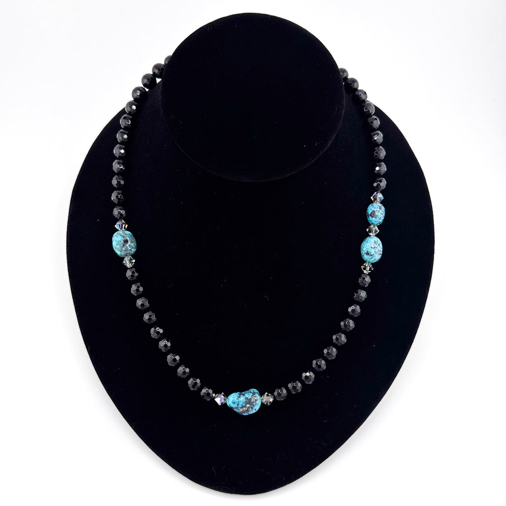 Turquoise (Kingman), Onyx, Swarovski Crystal, and Sterling Silver 19.5" Necklace
