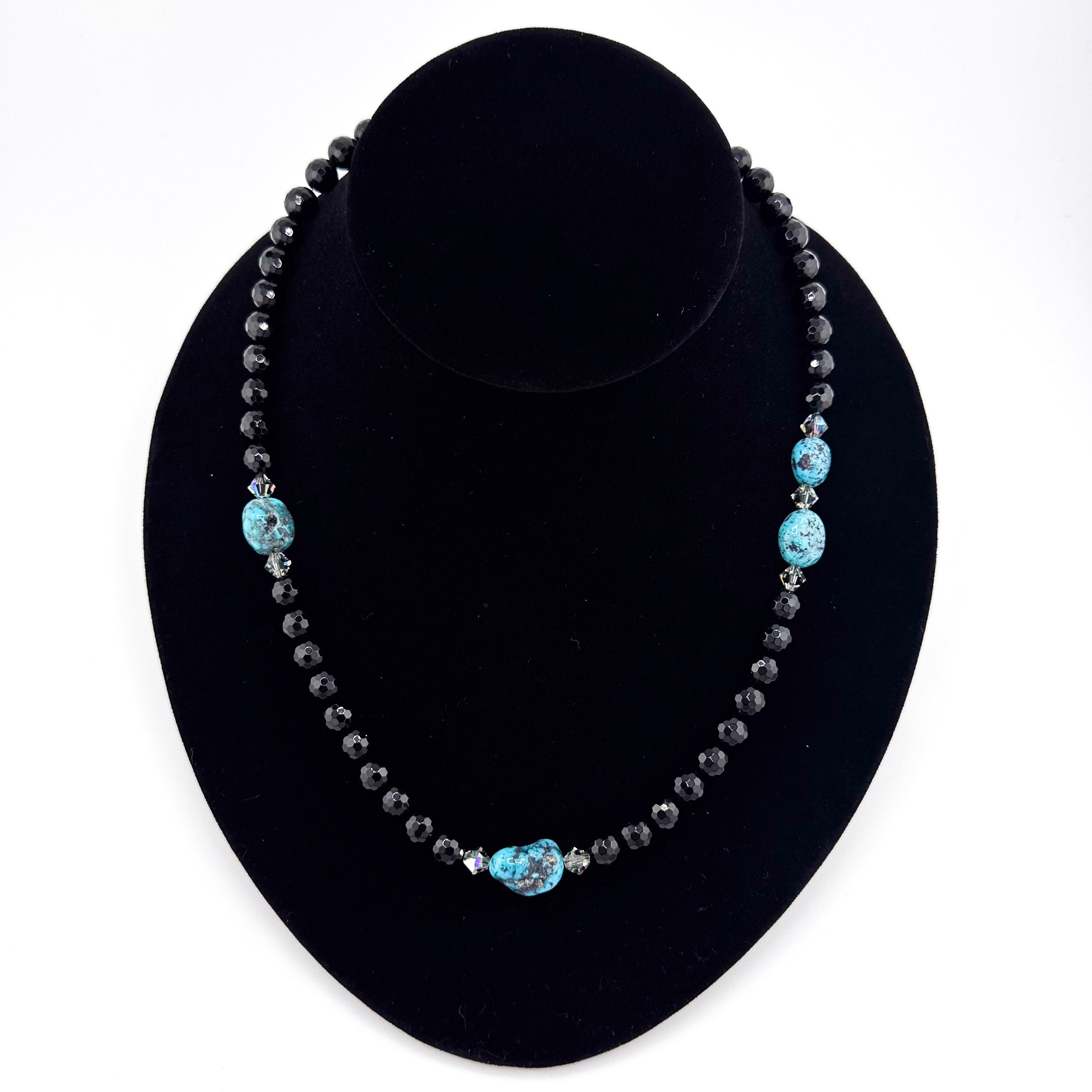 Turquoise (Kingman), Onyx, Swarovski Crystal, and Sterling Silver 19.5" Necklace