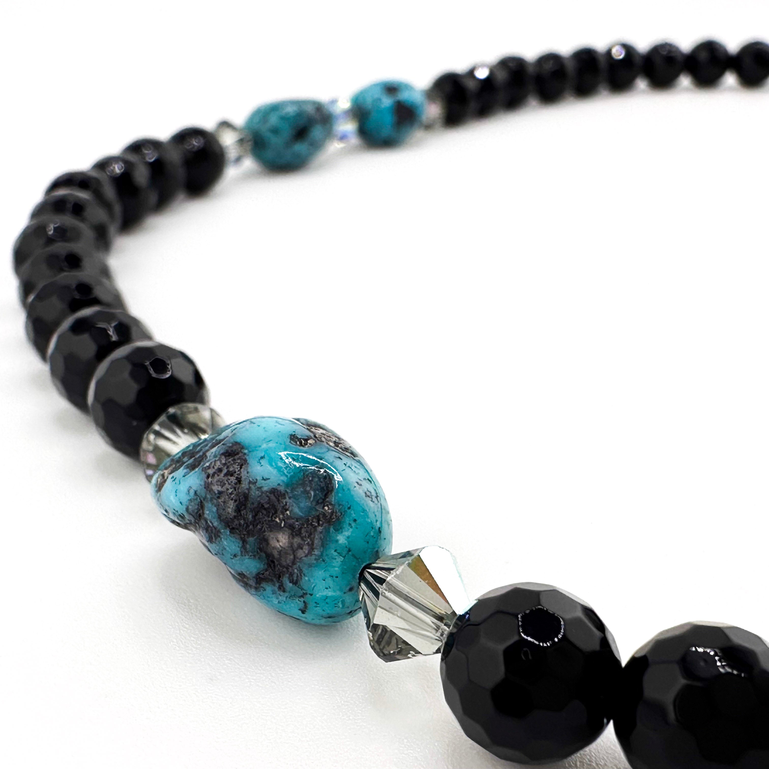 Turquoise (Kingman), Onyx, Swarovski Crystal, and Sterling Silver 19.5" Necklace