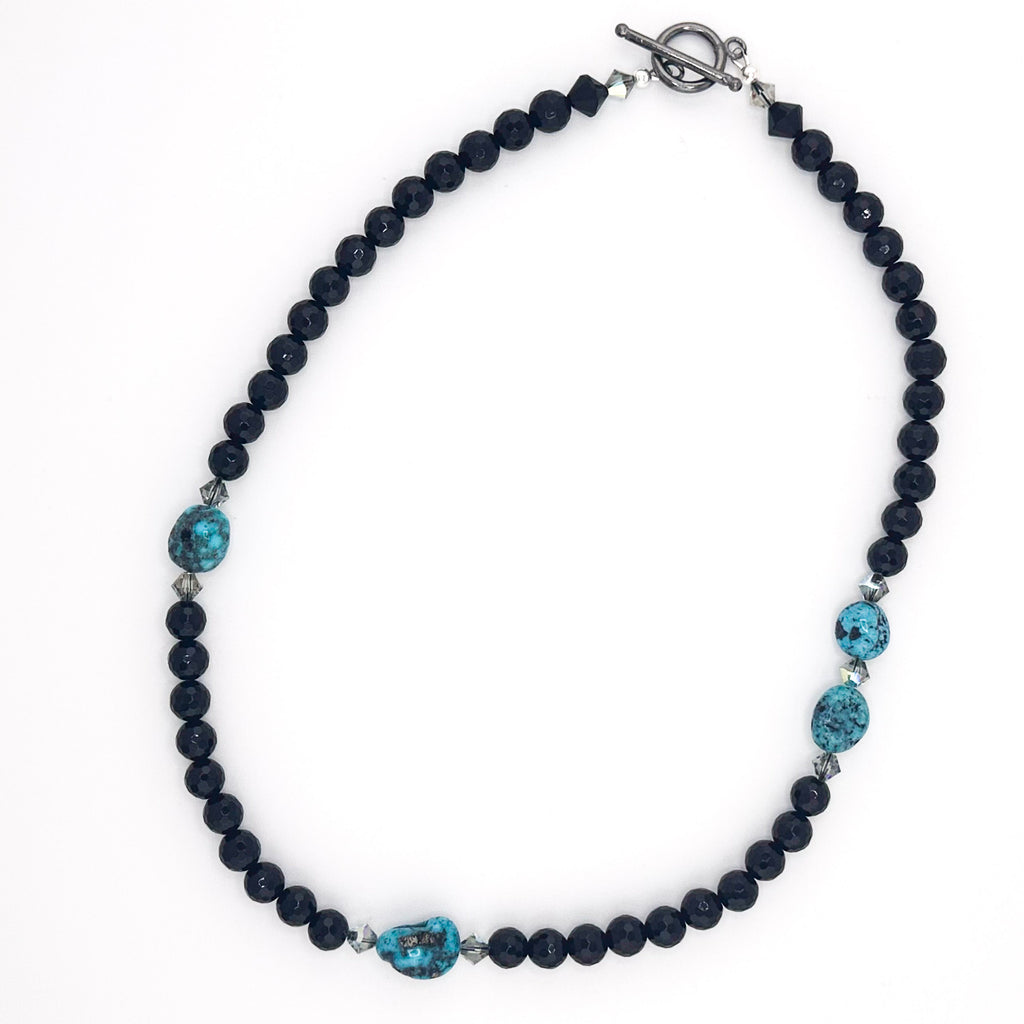 Turquoise (Kingman), Onyx, Swarovski Crystal, and Sterling Silver 19.5" Necklace