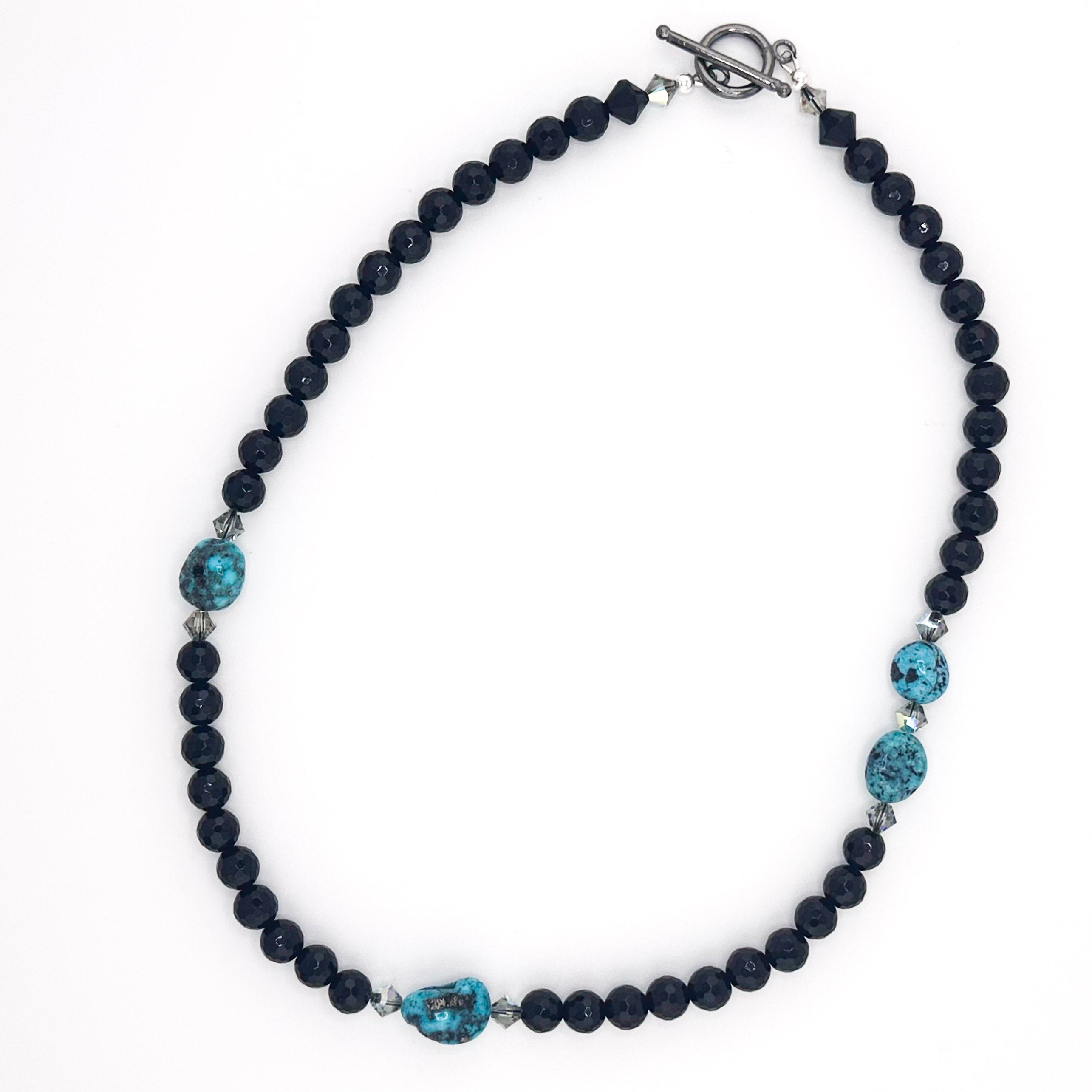 Turquoise (Kingman), Onyx, Swarovski Crystal, and Sterling Silver 19.5" Necklace