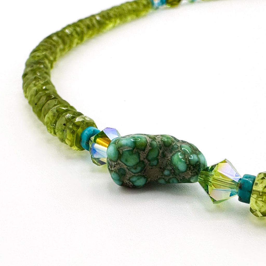 Peridot (Arizona), Turquoise (Sonoran Gold), Swarovski Crystal, and 22K Gold Vermeil 18.5" Necklace