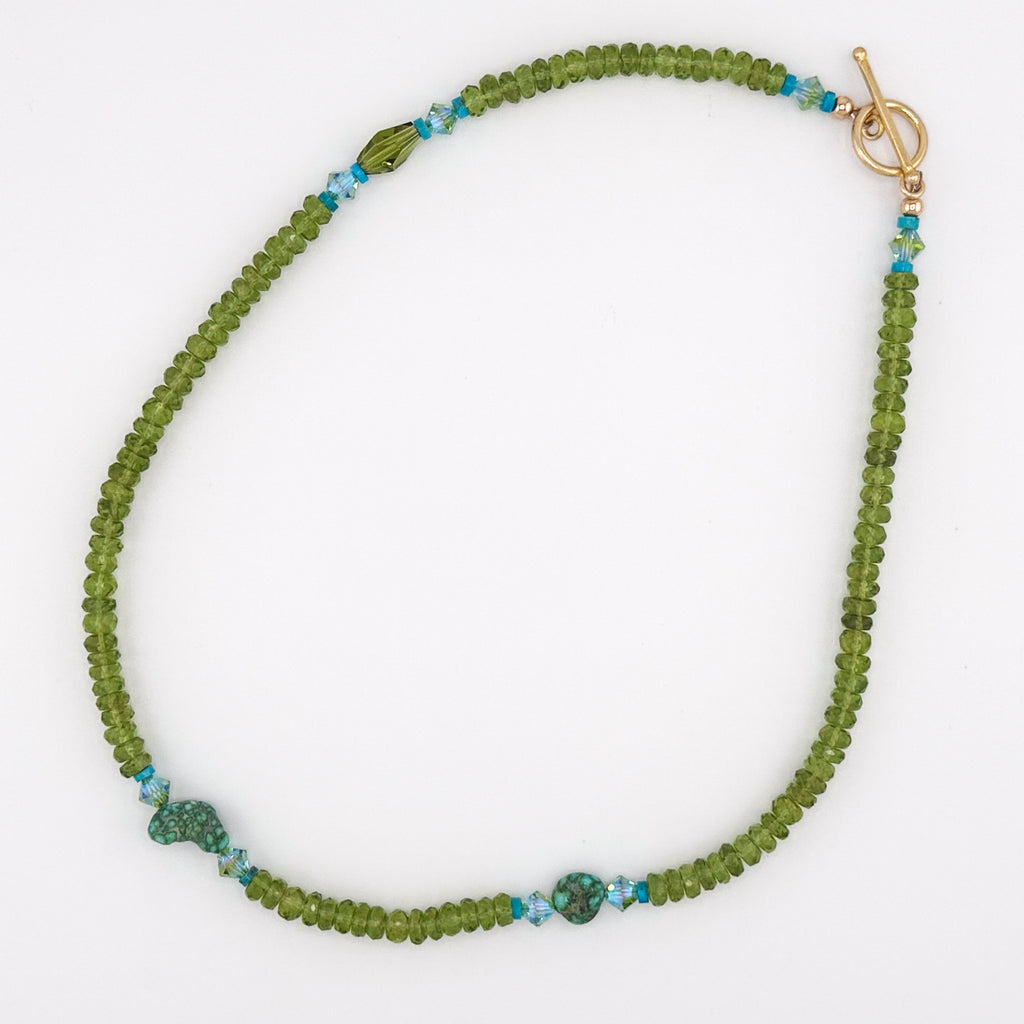 Peridot (Arizona), Turquoise (Sonoran Gold), Swarovski Crystal, and 22K Gold Vermeil 18.5" Necklace