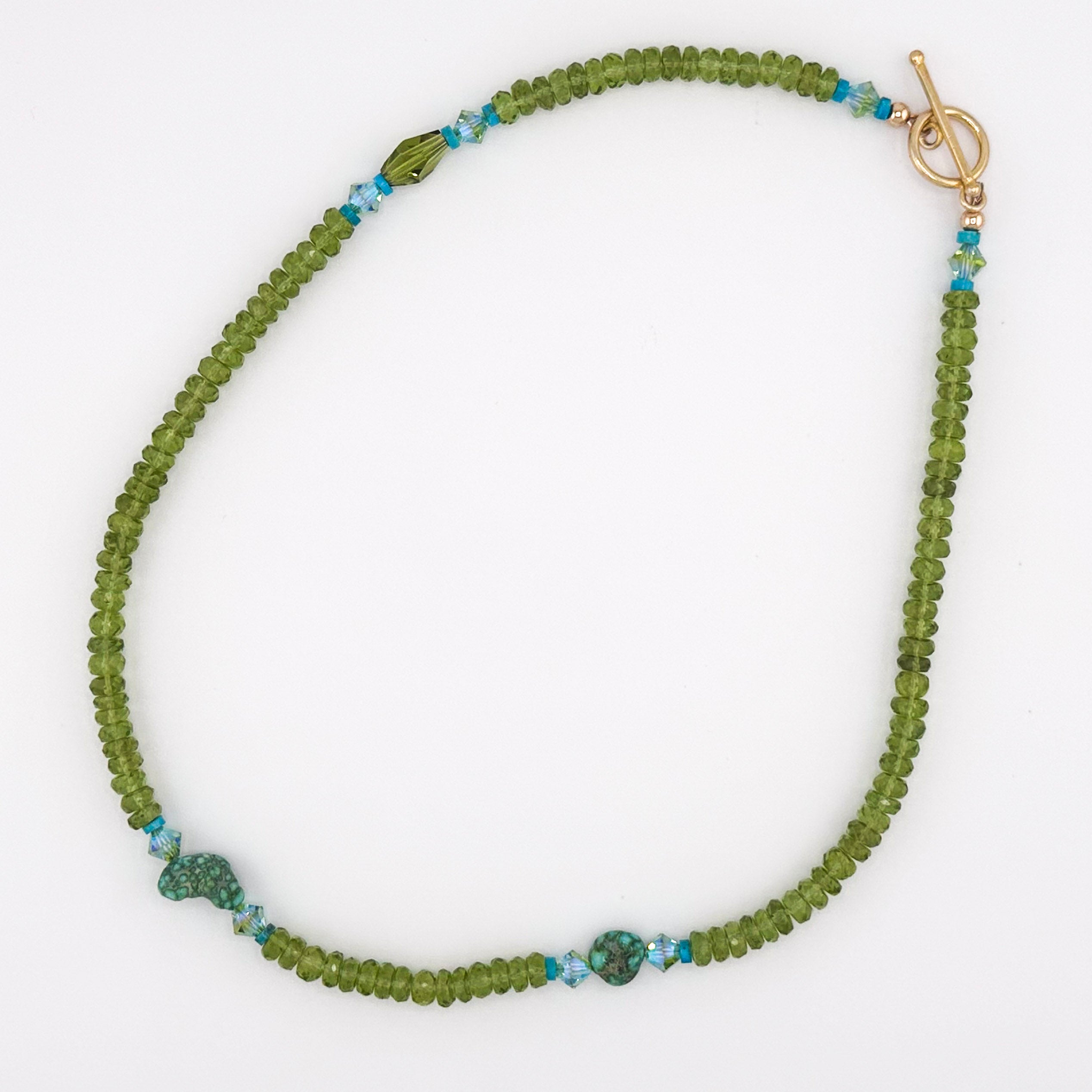 Peridot (Arizona), Turquoise (Sonoran Gold), Swarovski Crystal, and 22K Gold Vermeil 18.5" Necklace