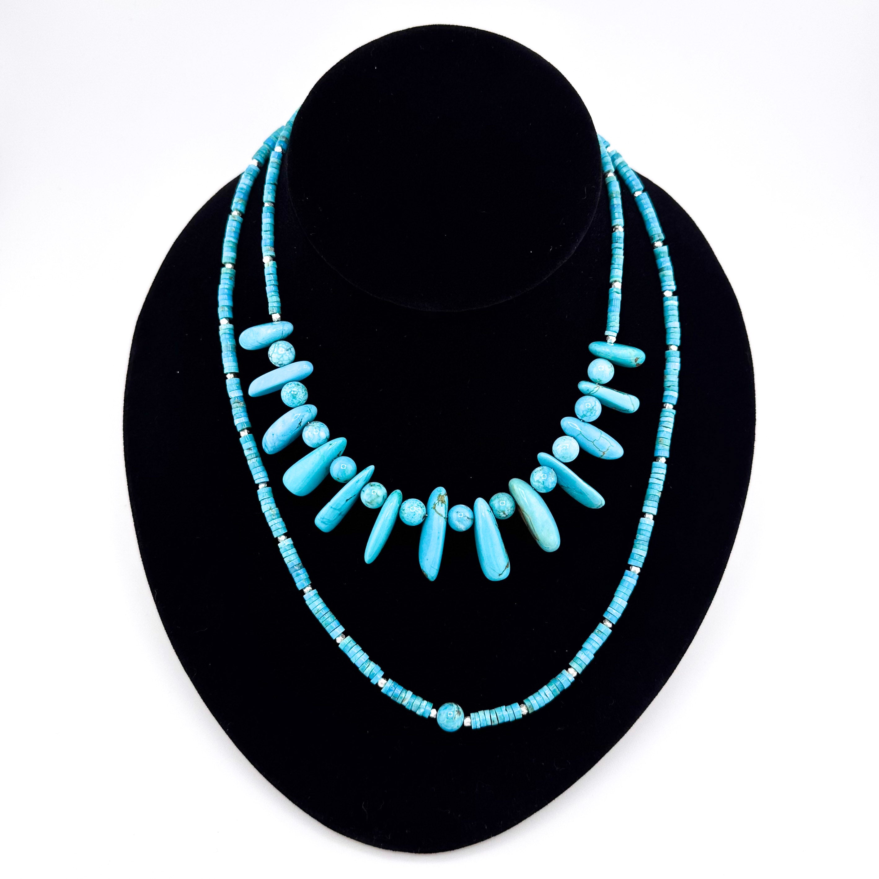 Turquoise (American / Arizona) Three Ways and Sterling Silver Double-Strand Necklace