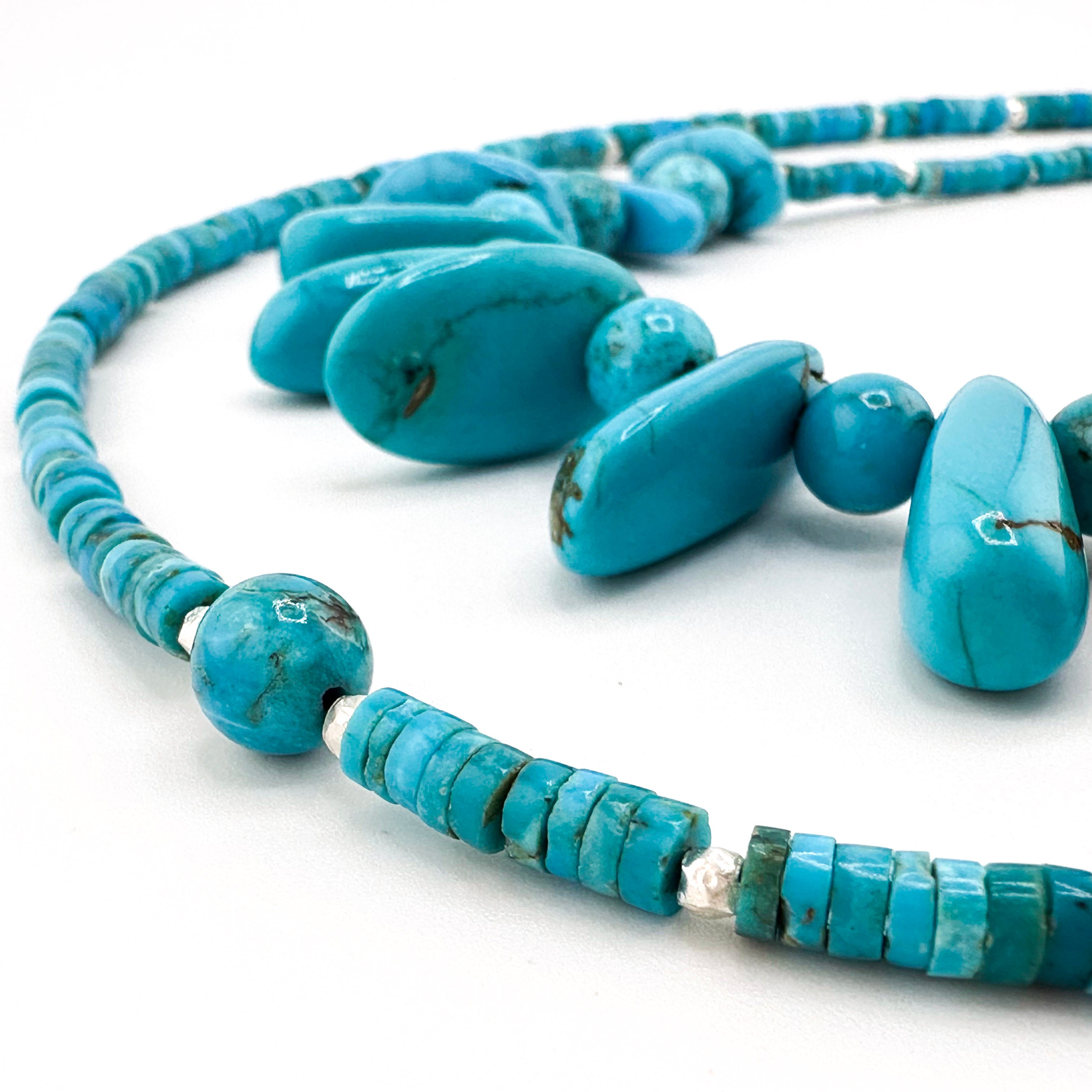 Turquoise (American / Arizona) Three Ways and Sterling Silver Double-Strand Necklace