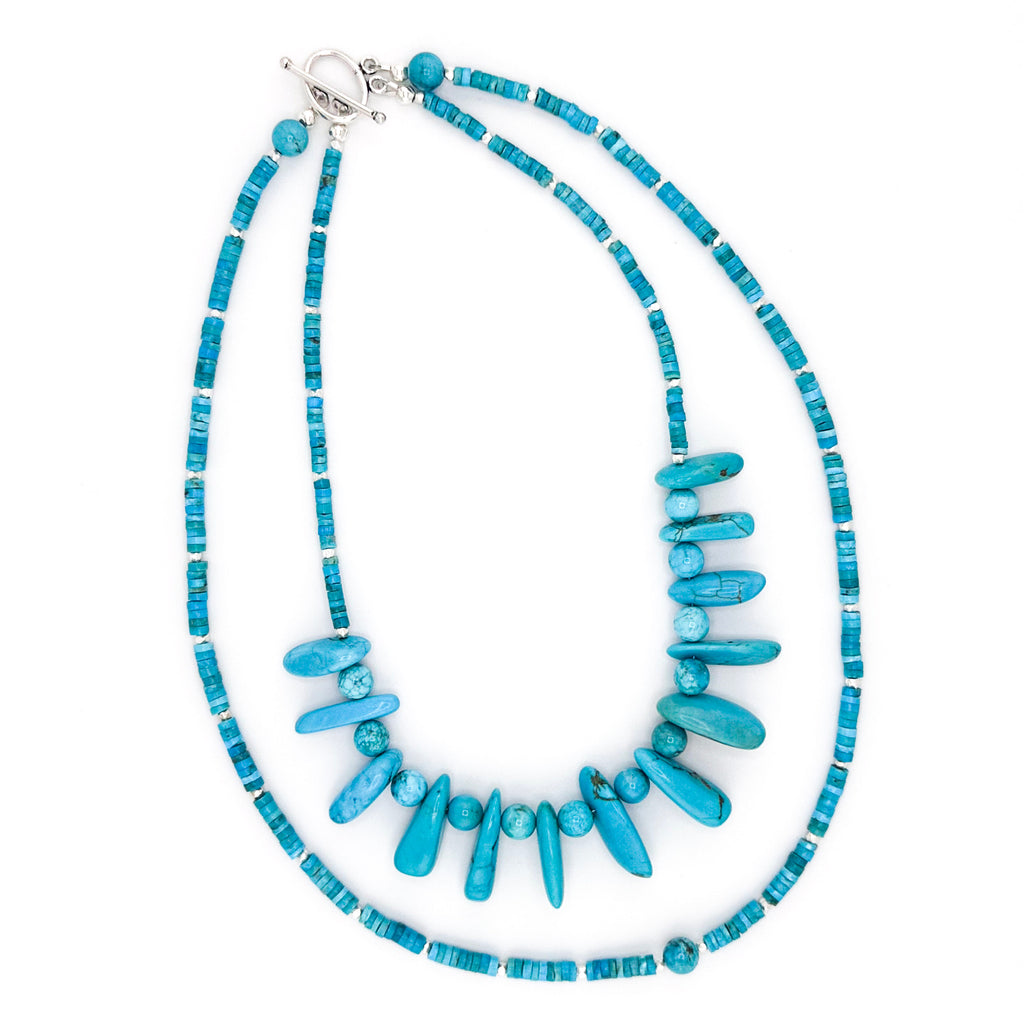 Turquoise (American / Arizona) Three Ways and Sterling Silver Double-Strand Necklace