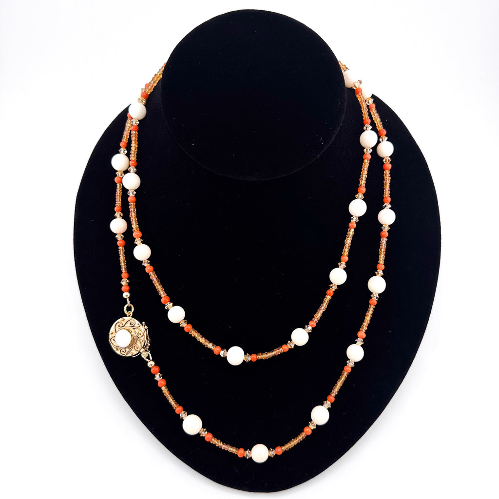 Antique (1920s) Angel Skin Coral, Sapphire (Yellow), Vintage Coral, Swarovski Crystal, and Vintage (1950) 14K Gold and Angel Skin Coral Clasp Necklace