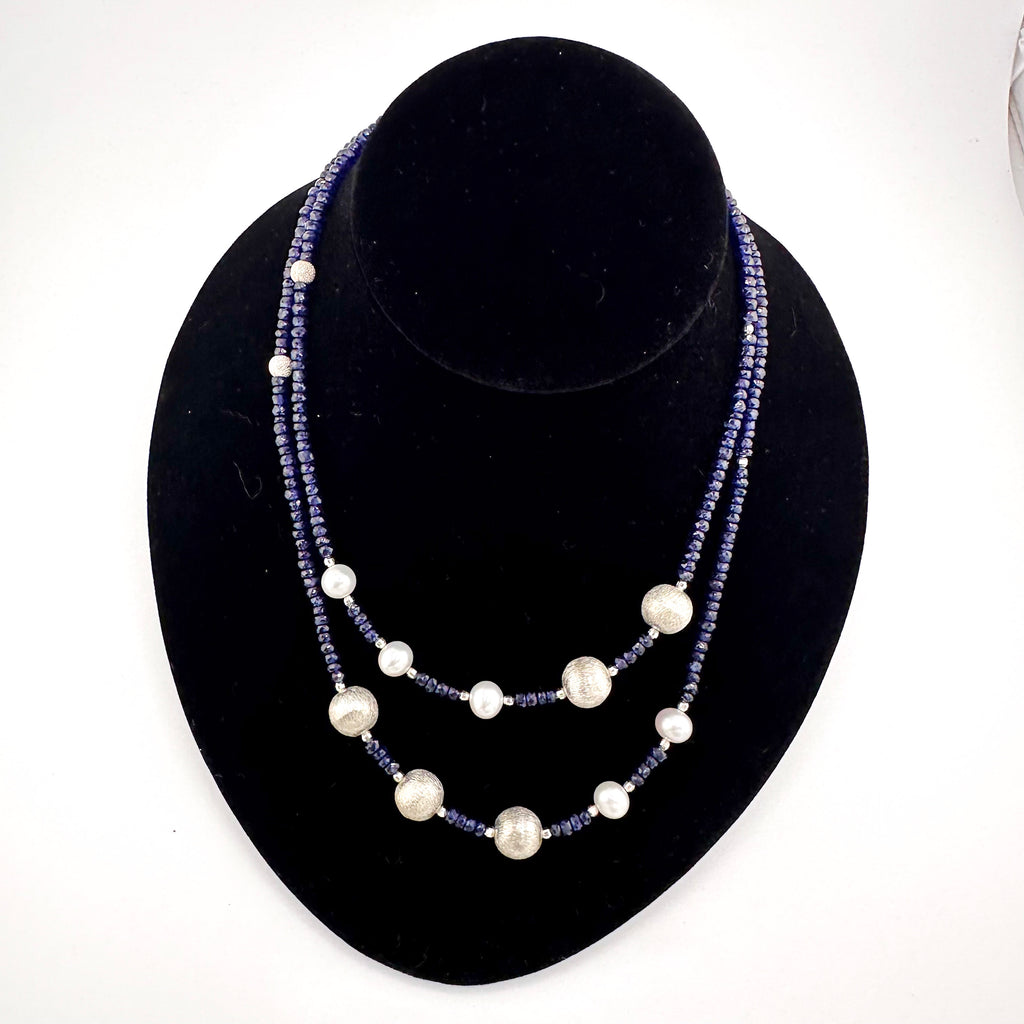 Sapphire (AAA), Pearl (Japan), and Sterling Silver Double-Strand Necklace