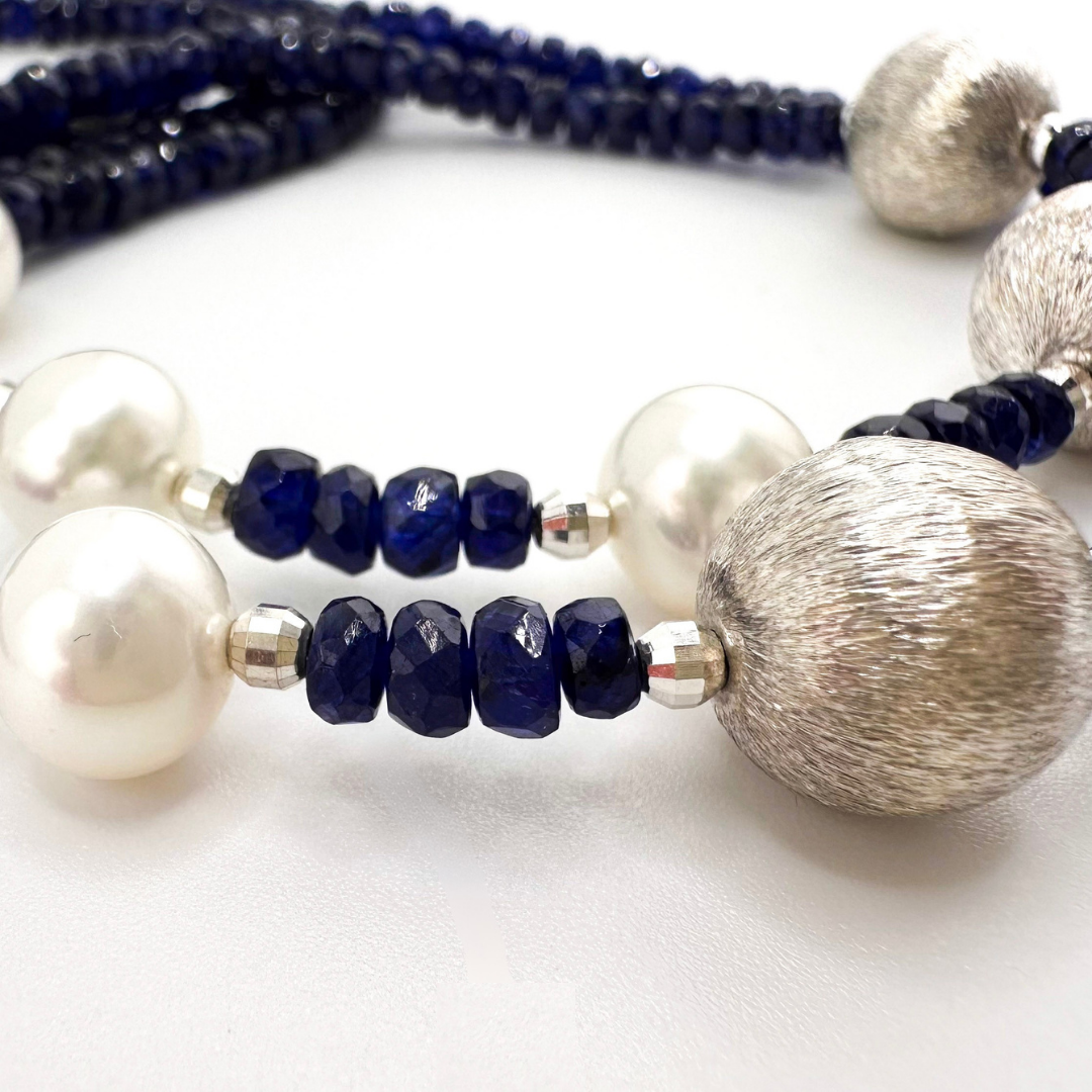 Sapphire (AAA), Pearl (Japan), and Sterling Silver Double-Strand Necklace