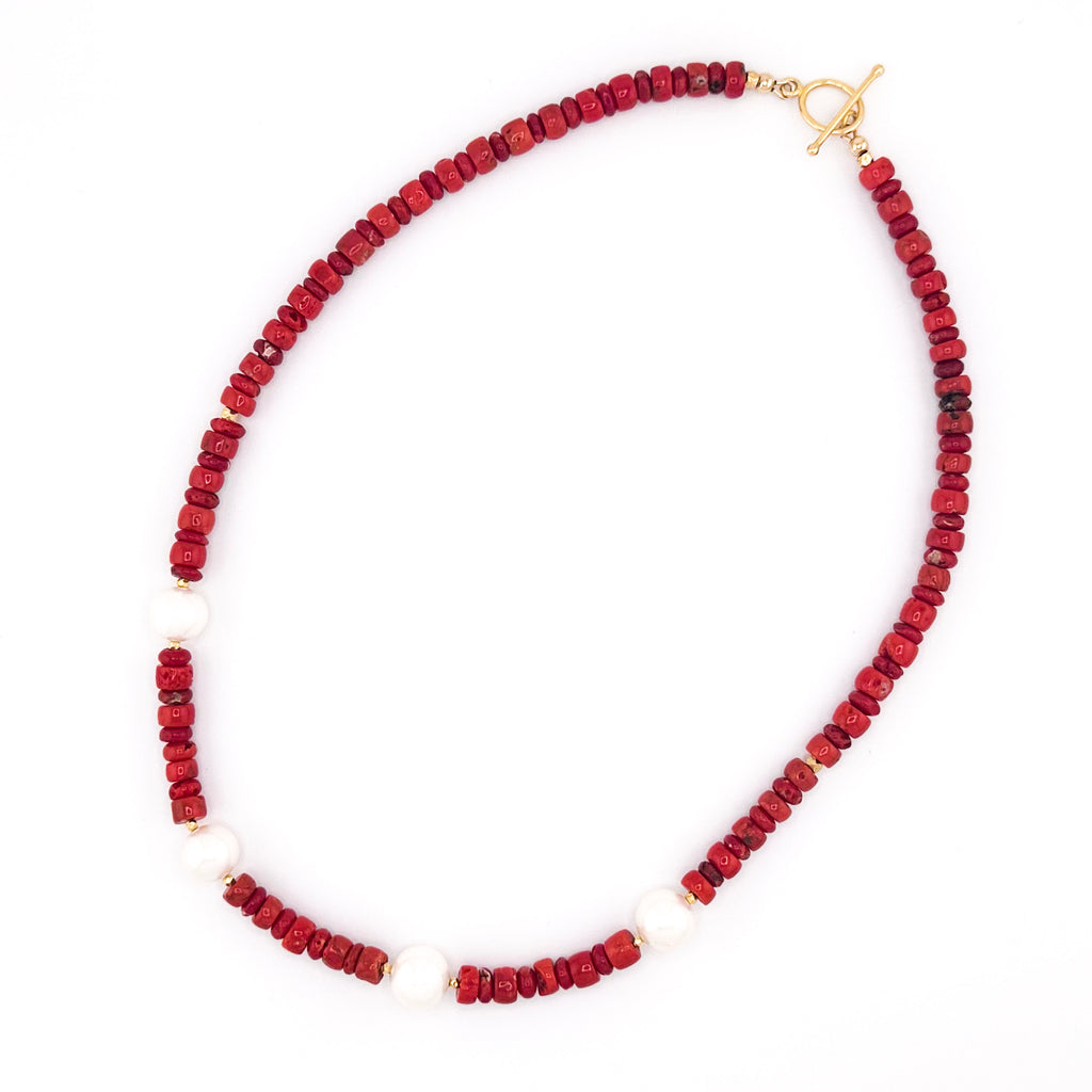 Coral, Coral, Pearl, and 22K Gold 20.5" Necklace