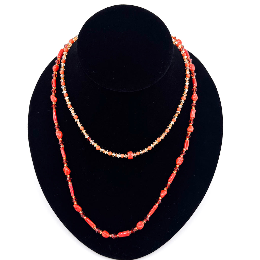 Vintage CoralX3, Sapphire (Orange), Swarovski Crystal, and 22K Gold Vermeil Double-Strand Necklace
