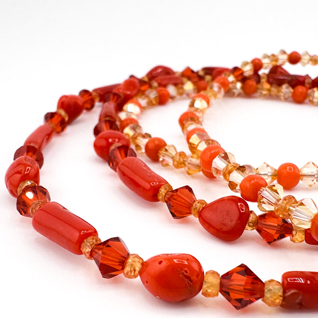 Vintage CoralX3, Sapphire (Orange), Swarovski Crystal, and 22K Gold Vermeil Double-Strand Necklace