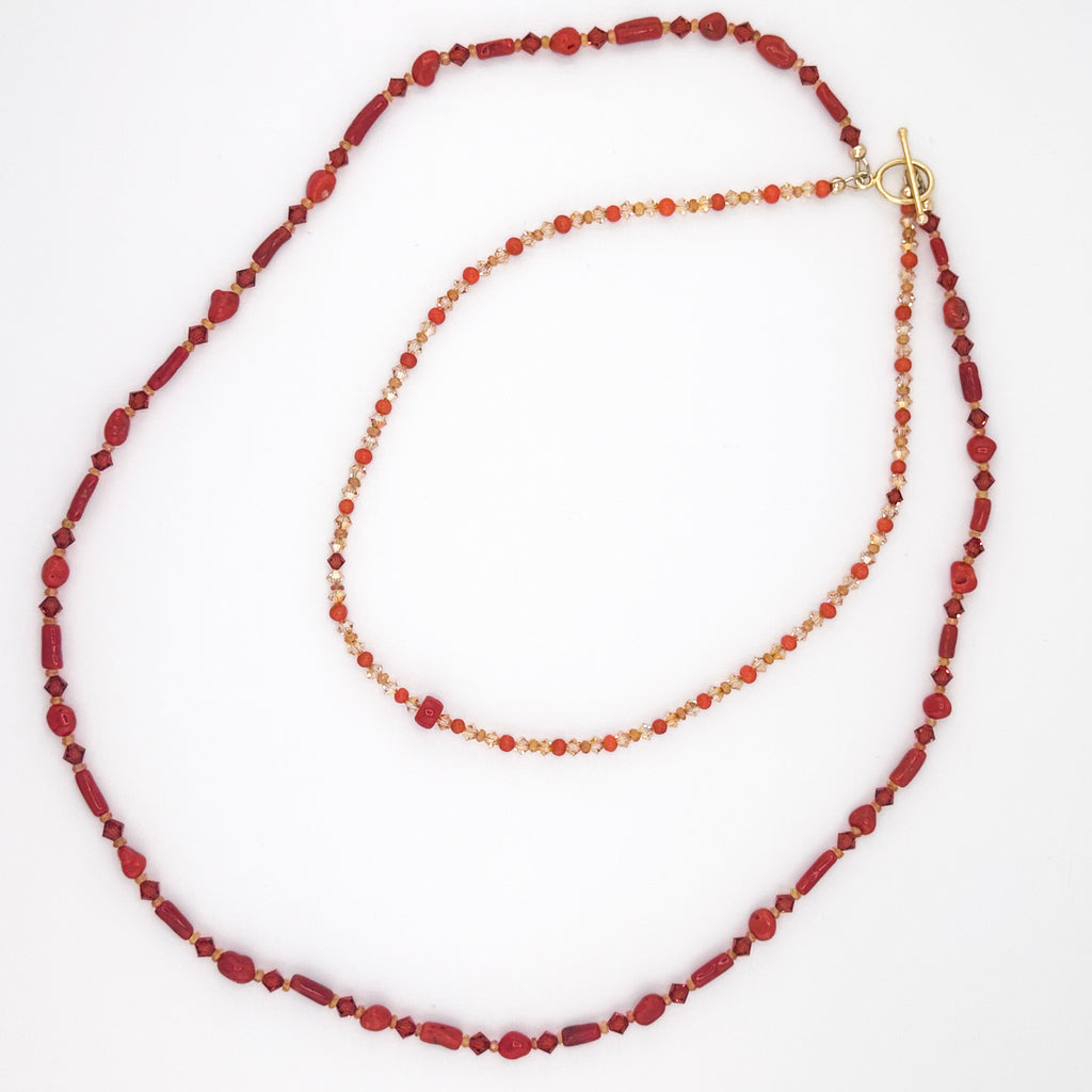 Vintage CoralX3, Sapphire (Orange), Swarovski Crystal, and 22K Gold Vermeil Double-Strand Necklace