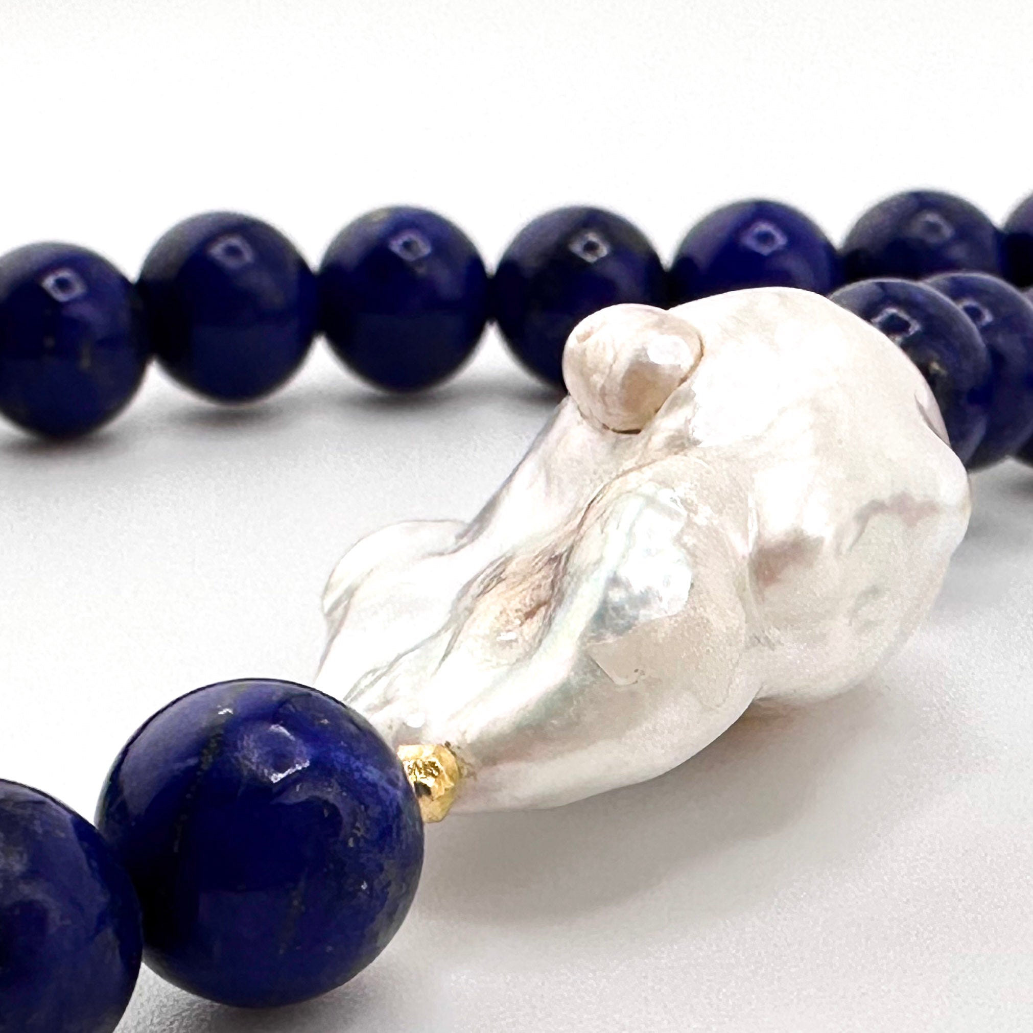 Lapis, Baroque Pearl, and 22K Gold 18" Necklace