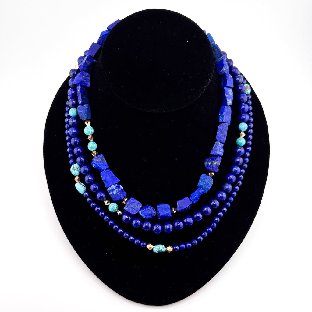 Lapis, Turquoise (Arizona / Sleeping Beauty), Swarovski Crystal, and 22K Gold Triple-Strand Necklace